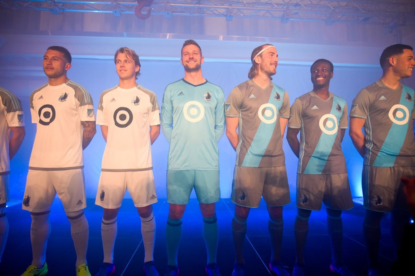 Players model the team's kits Friday night in Minneapolis.