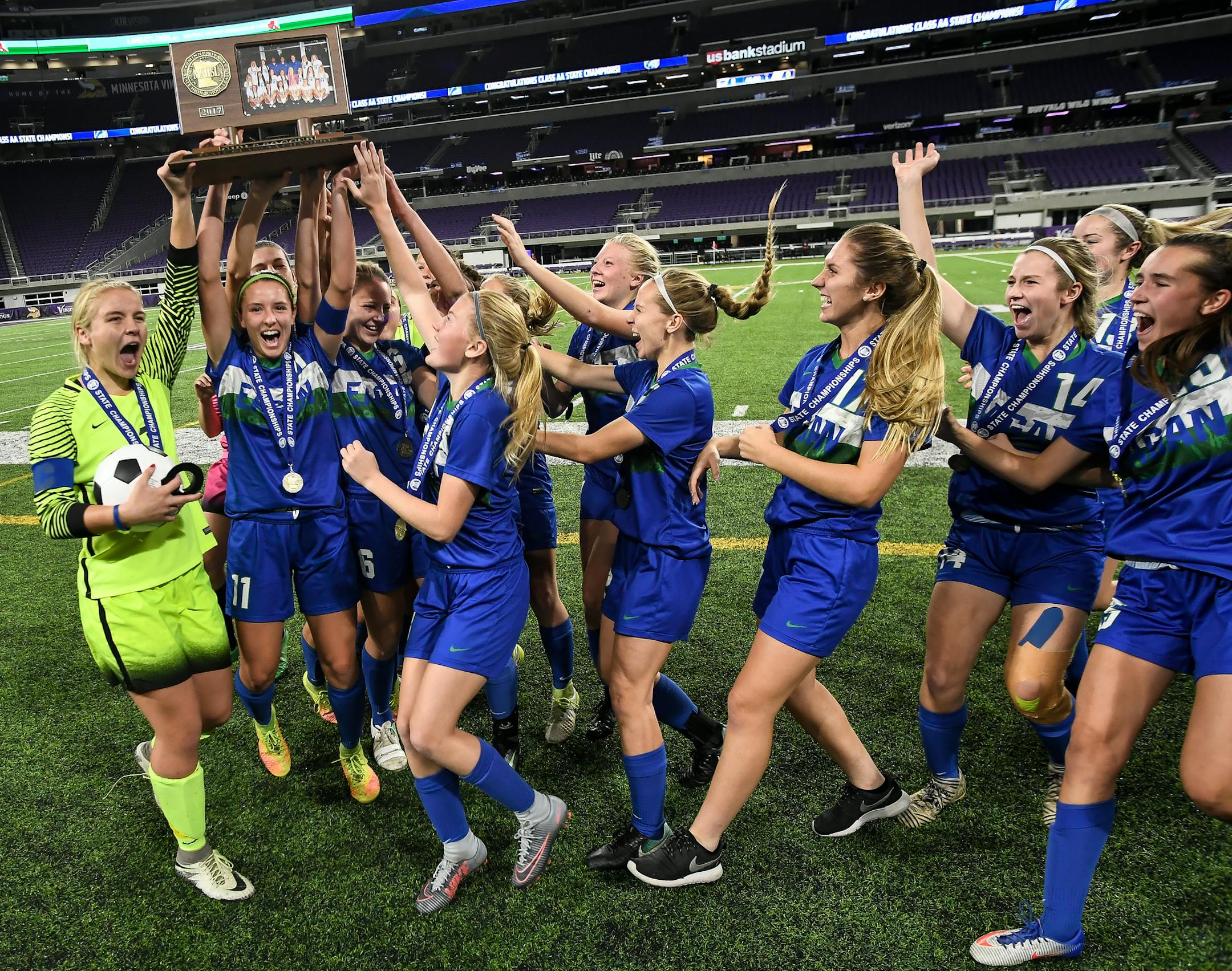Eagan celebrated their 2-1 victory over Maple Grove in the Class 2A championship game Thursday night at US Bank Stadium. ] AARON LAVINSKY &#xef; aaron.lavinsky@startribune.com Eagan played Maple Grove in the Class 2A girls' soccer championship game on Thursday, Nov. 2, 2017 at US Bank Stadium in Minneapolis, Minn.