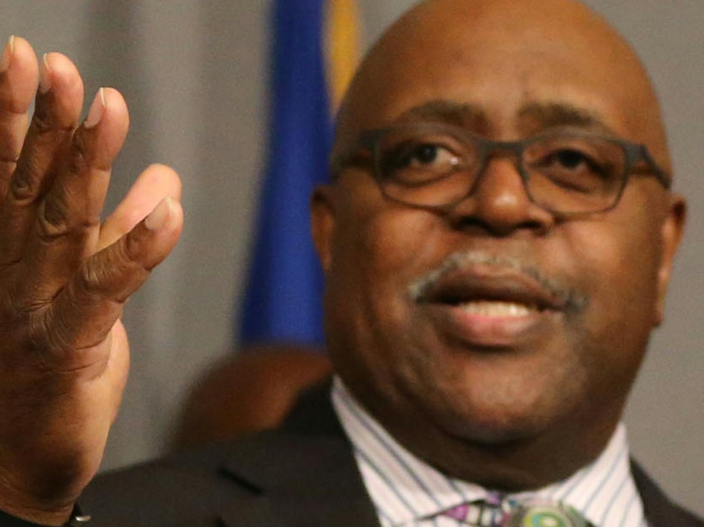 Steve Belton of the Urban League gave the closing remarks during the United Black Legislative Agenda gathering, here giving thanks to the African American state legislators in attendance Wednesday, April 6, 2015, at the State Office Building in St. Paul, MN. Looking on is the event MC Anthony Newby, left, executive director of Neighborhoods Organizing for Change.](DAVID JOLES/STARTRIBUNE)djoles@startribune.com A group of black community leaders hold a news conference to detail their proposal for