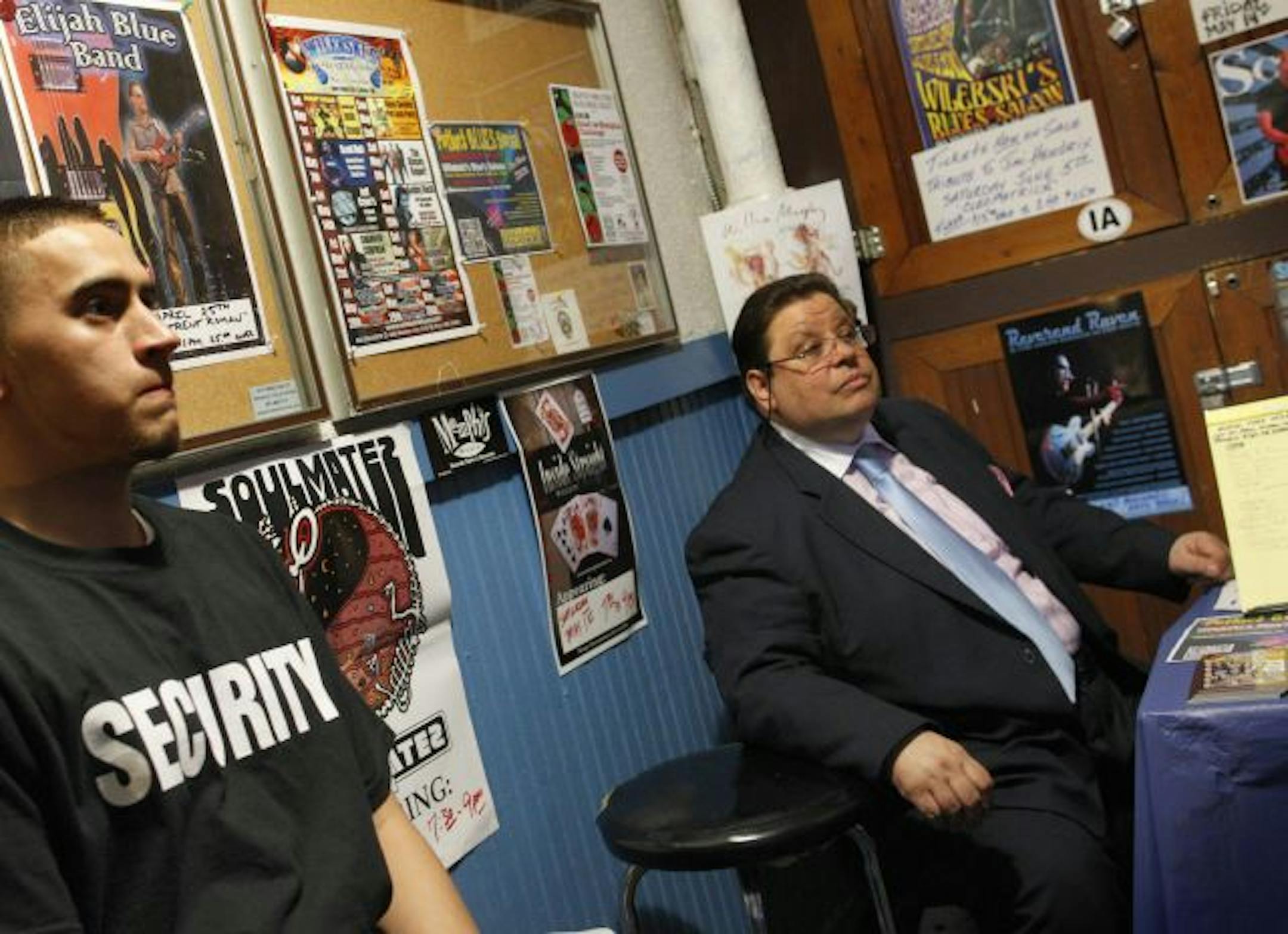 Landlord, Thad Wilebski, right, worked the entrance of the Saturday night performance of Chicago bluesman Lurrie Bell.