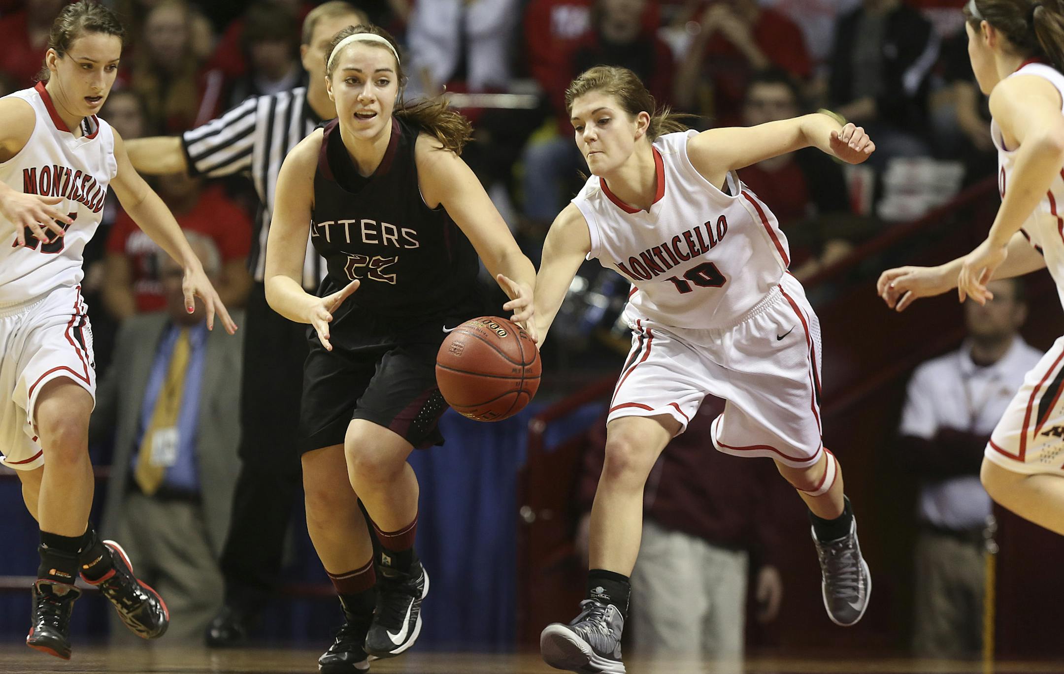 Monticello's Grace Sawatzke stole the ball from behind Fergus Falls Bailey Strand during the second half of class 3A quarterfinals at Williams Arena in Minneapolis, Min., Wednesday, March 13, 2013. Monticello won in double overtime over Fergus Falls 79-78. ] (KYNDELL HARKNESS/STAR TRIBUNE) kyndell.harkness@startribune.com