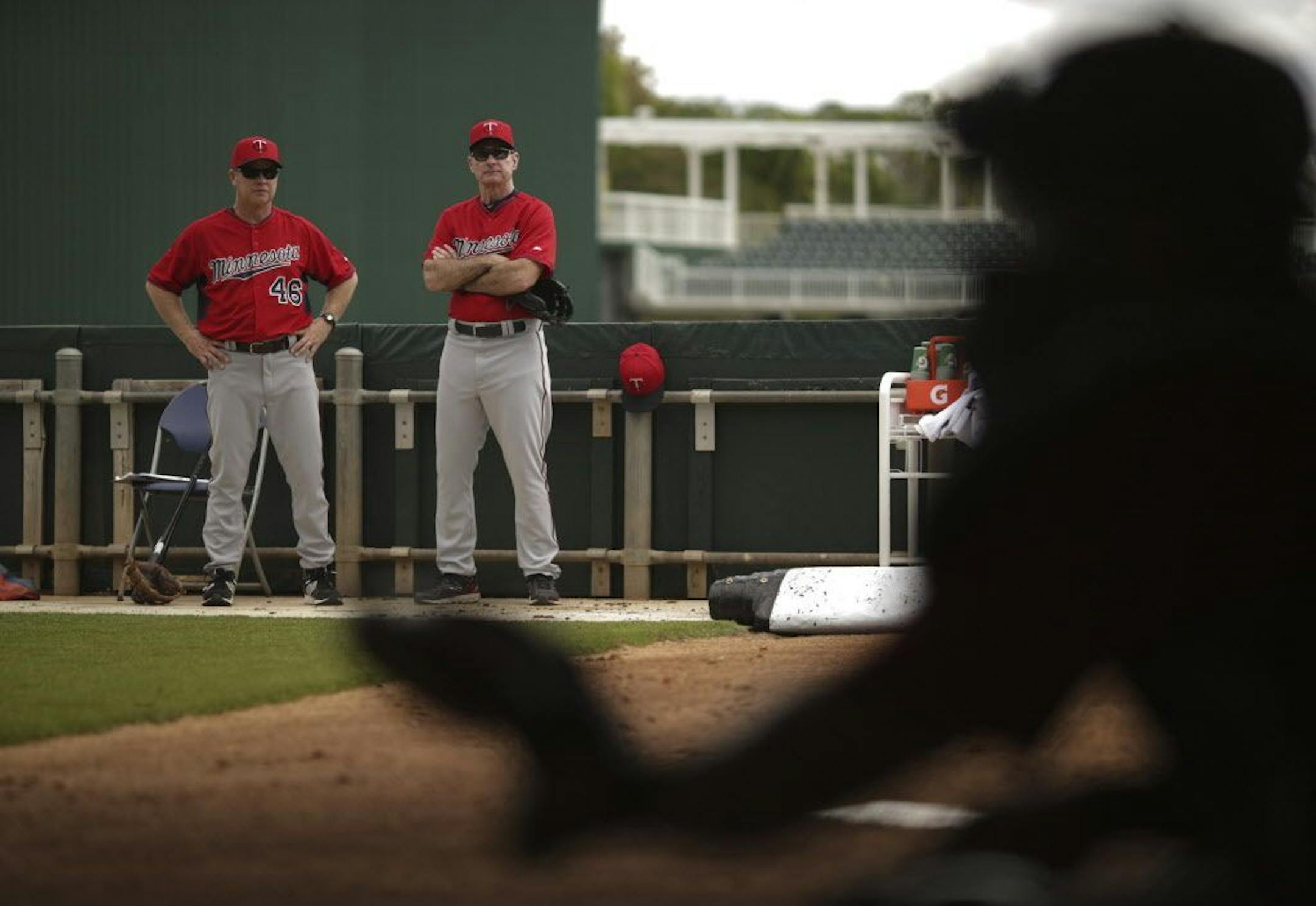 Twins pitching coach Neil Allen, left, and manager Paul Molitor watched pitchers and catchers throwing in the bullpen Monday morning at Hammond Stadium.