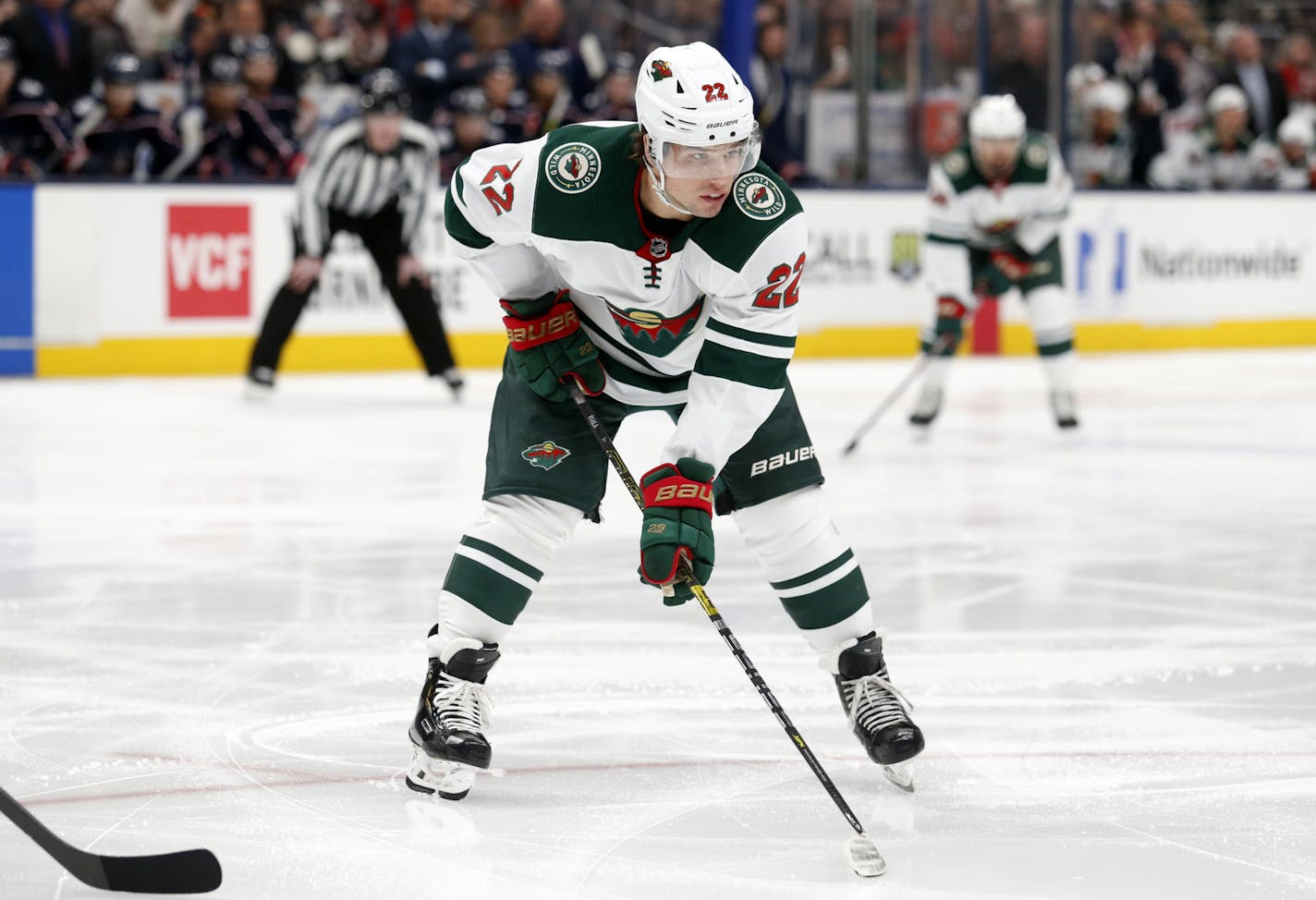 Minnesota Wild forward Kevin Fiala, of Switzerland, is seen agains the Columbus Blue Jackets during an NHL hockey game in Columbus, Ohio, Friday, Feb. 28, 2020. The Wild won 5-0. (AP Photo/Paul Vernon)