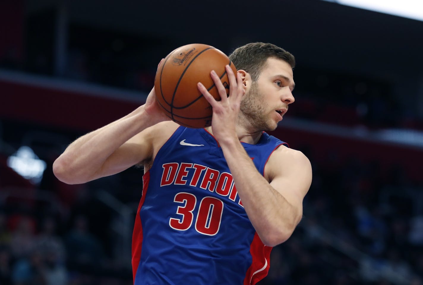 Detroit Pistons forward Jon Leuer pulls down a rebound during the second half of an NBA basketball game against the Oklahoma City Thunder, Monday, Dec. 3, 2018, in Detroit. (AP Photo/Carlos Osorio) ORG XMIT: otkco111