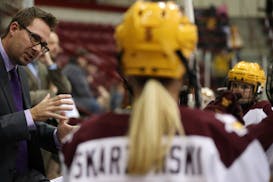 Gophers coach Brad Frost talked with his players during a break in play in October.