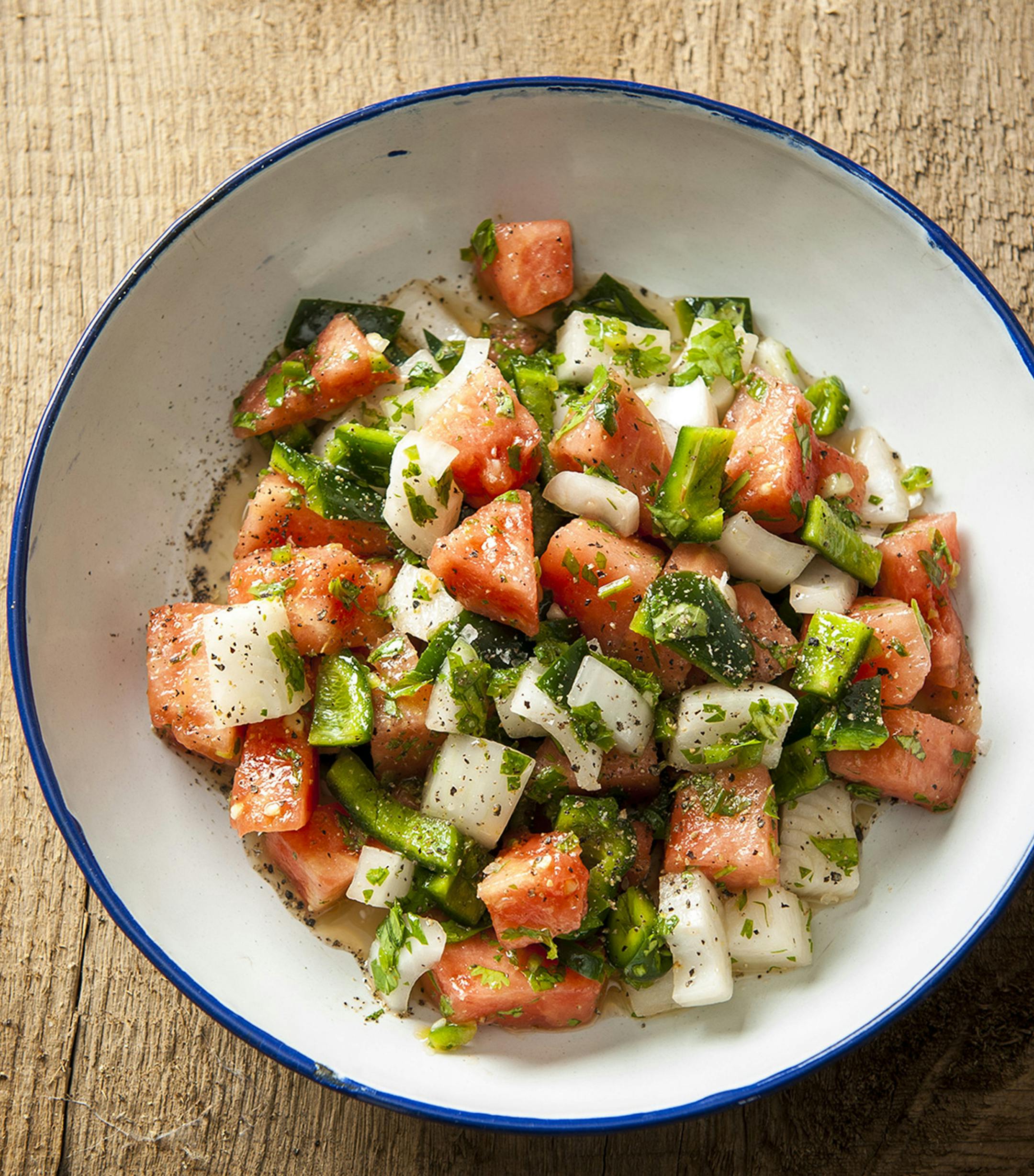 Mette Nielsen, Special to the Star Tribune Watermelon Salad with JalapeÒo-Lime Vinaigrette, for Beth Dooley article.