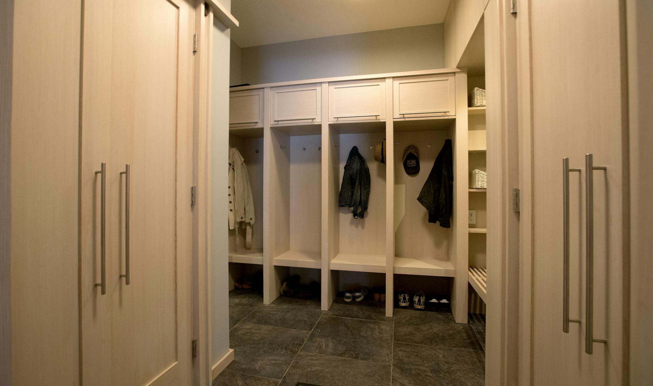 Mudroom of the AIA Home of the Month in Hastings, MN. Homeowners Kurt Niederloh and Lisa Tousignant.