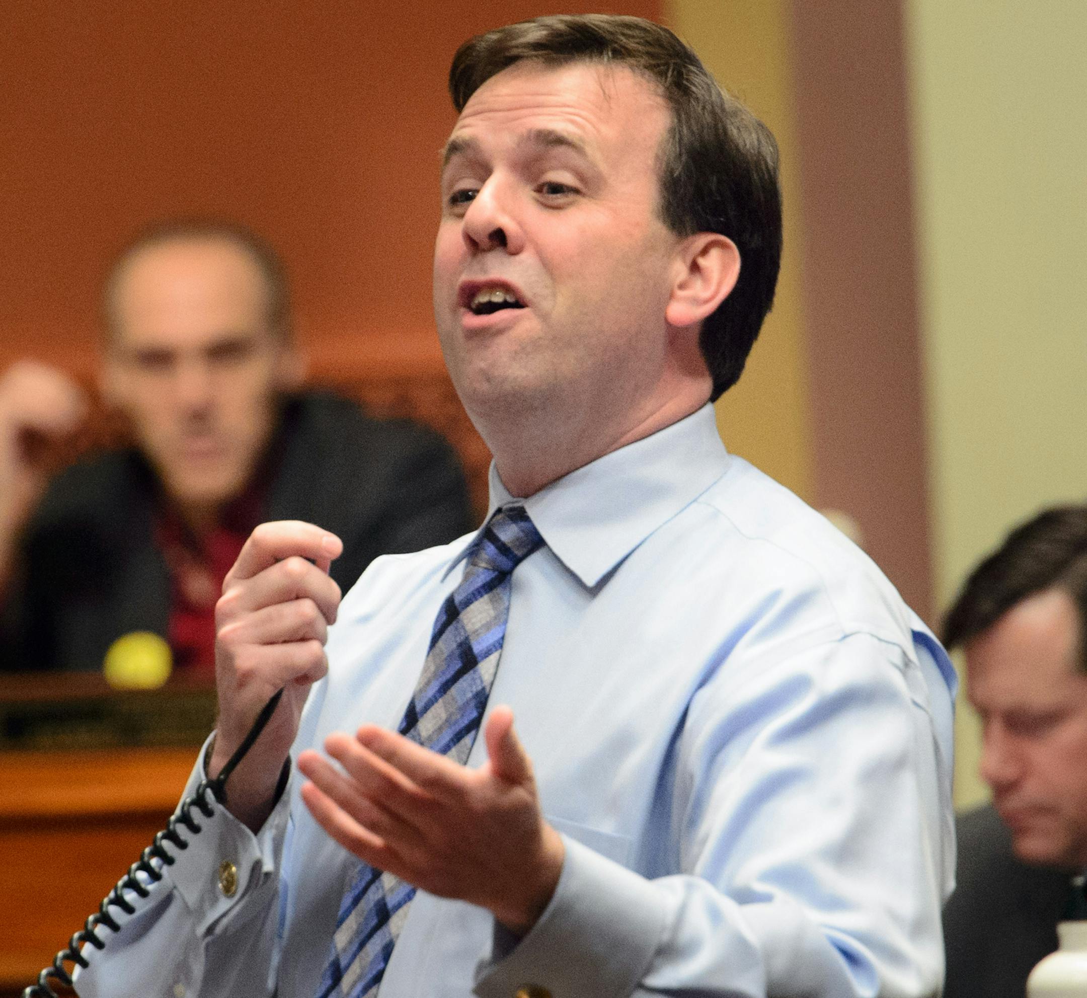House Minority Leader Paul Thissen, DFL, Minneapolis and Rep. Pat Garofalo, R-Farmington accused each other of playing politics over the teacher tenure bill referred to LIFO. The Minnesota State Legislature delayed a bill that make tenure less important than merit when it comes to teacher layoffs. ] GLEN STUBBE * gstubbe@startribune.com Tuesday, February 24, 2015 EDS, this is Garofalo. ORG XMIT: MIN1502261640534749