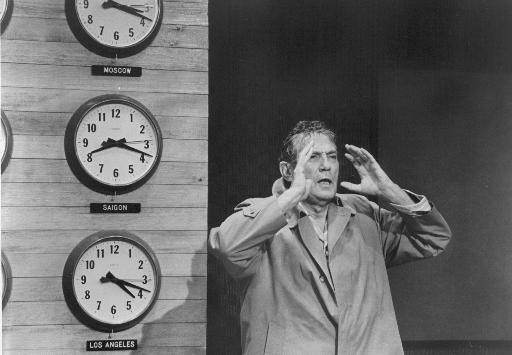 December 21, 1976 Network newscaster Howard Beale (Peter Finch), whose performance as a mad prophet has made his TV ratings soar, in a scene from MGM’s “Network,” a United Artists release. Minneapolis Star Tribune