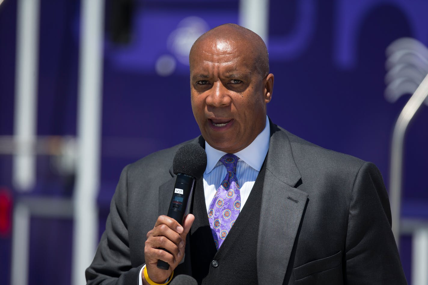 Minnesota Vikings Chief Operating Officer Kevin Warren speaks at the revealing of the Vikings Table, a food truck that will serve free healthy meals to kids in need this summer, at the team's NFL football training facility in Eagan, Minn., Thursday, June 13, 2019. (AP Photo/Andy Clayton- King)