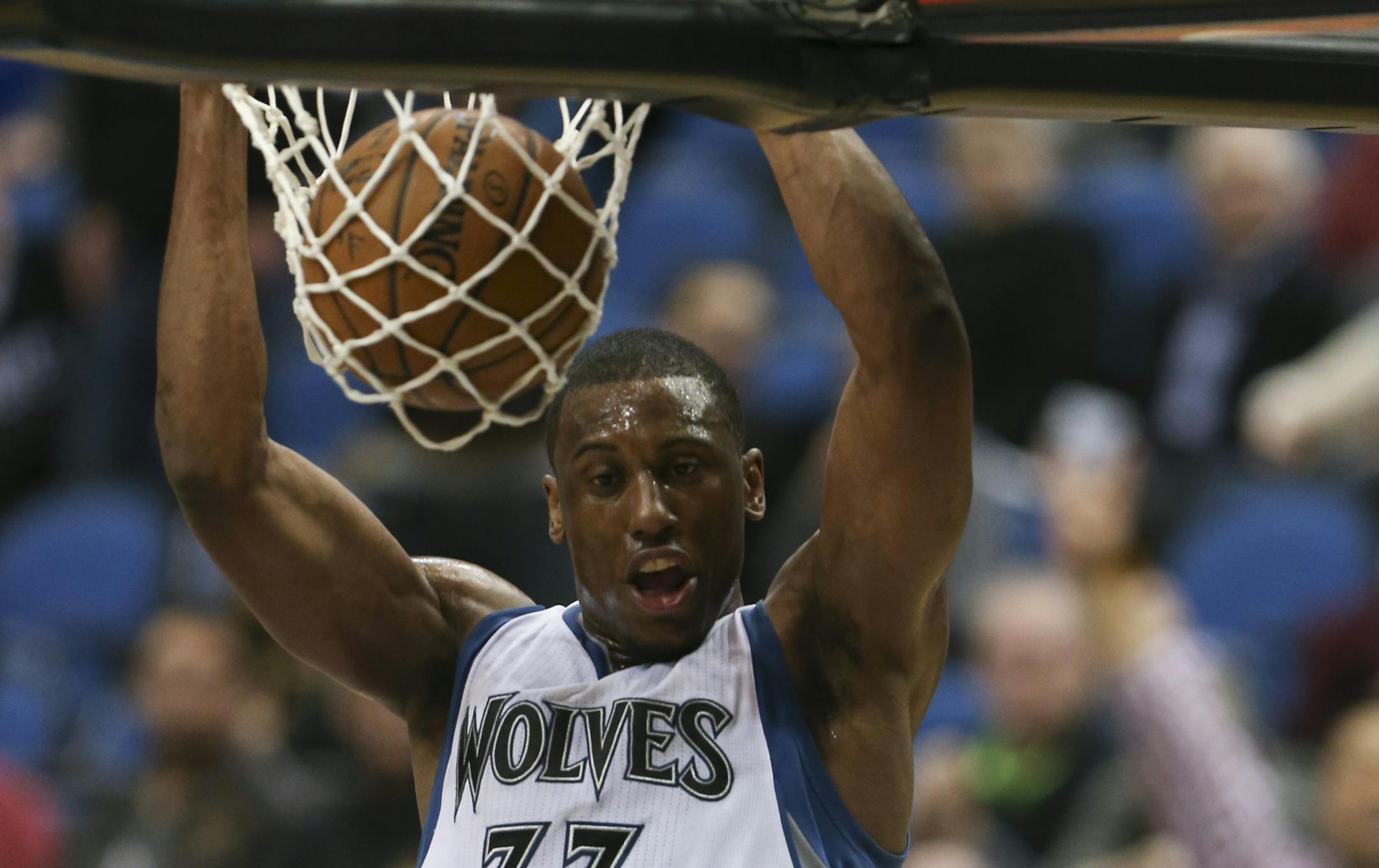 Minnesota Timberwolves forward Thaddeus Young (33) dunked in the fourth quarter to give the Wolves a 98-97 lead Wednesday night at Target Center. ] JEFF WHEELER ï jeff.wheeler@startribune.com The Minnesota Timberwolves beat the Miami Heat 102-101 an NBA basketball game Wednesday night, February 4, 2015 at Target Center in Minneapolis. ORG XMIT: MIN1502042206000346