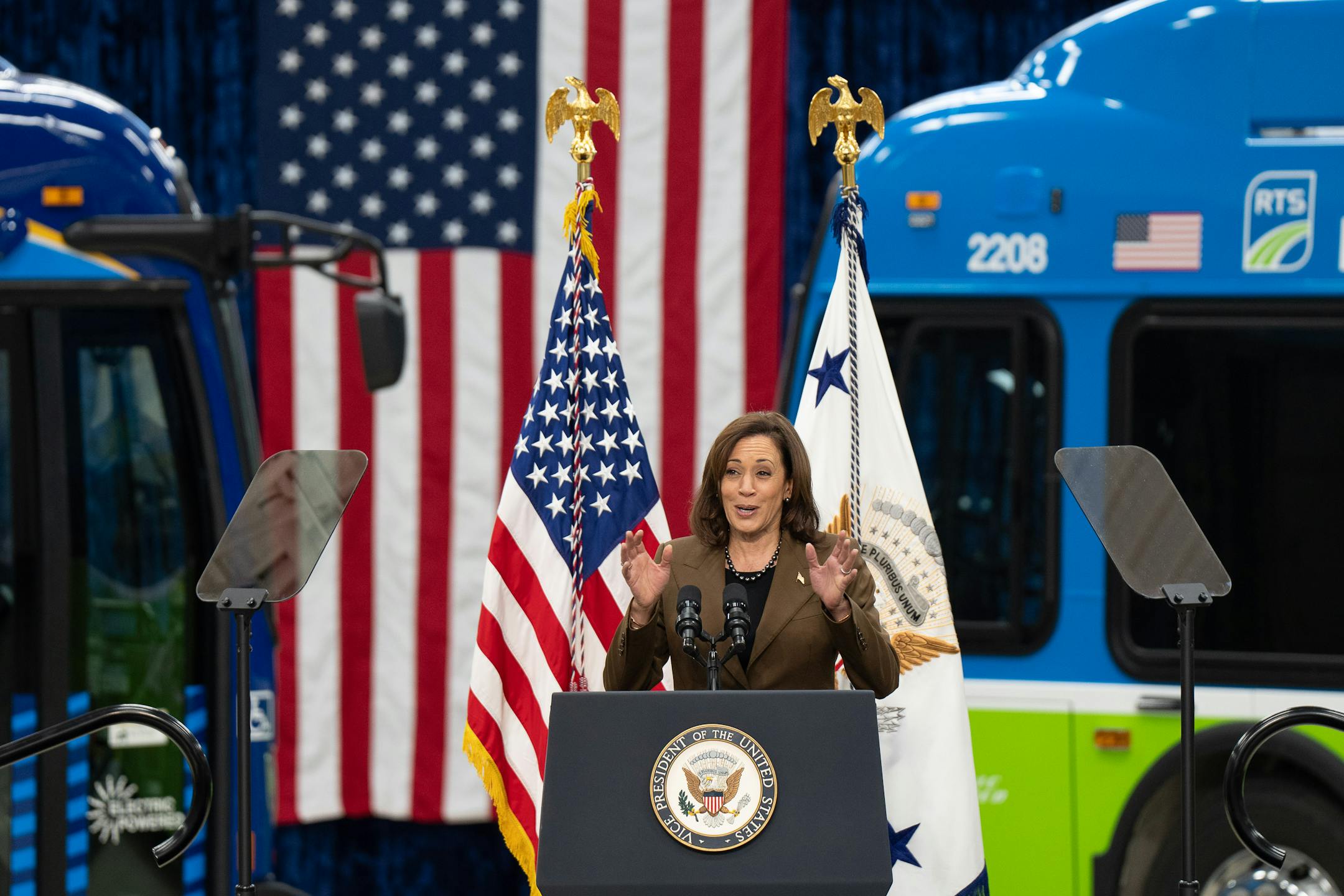 Vice President Kamala Harris spoke to the assembled crowd after touring the final assembly plant for New Flyer electric buses, Thursday, Feb. 9, 2023  St. Cloud, Minn.