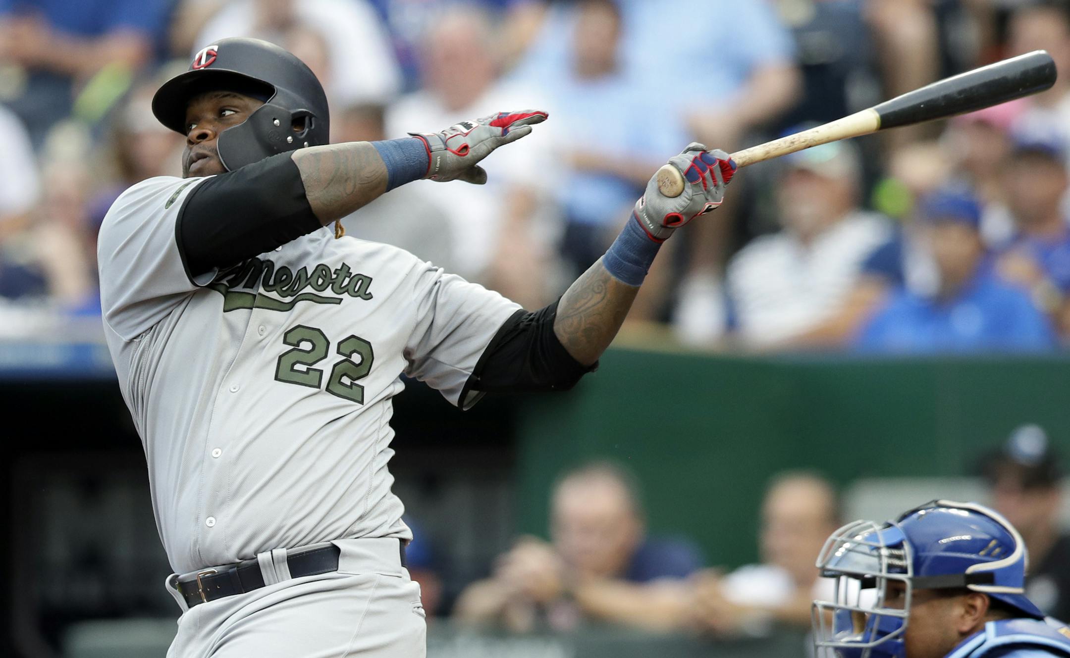Minnesota Twins' Miguel Sano hits a two-run home run off Kansas City Royals starting pitcher Jakob Junis during the fifth inning of a baseball game at Kauffman Stadium in Kansas City, Mo., Monday, May 28, 2018. (AP Photo/Orlin Wagner)