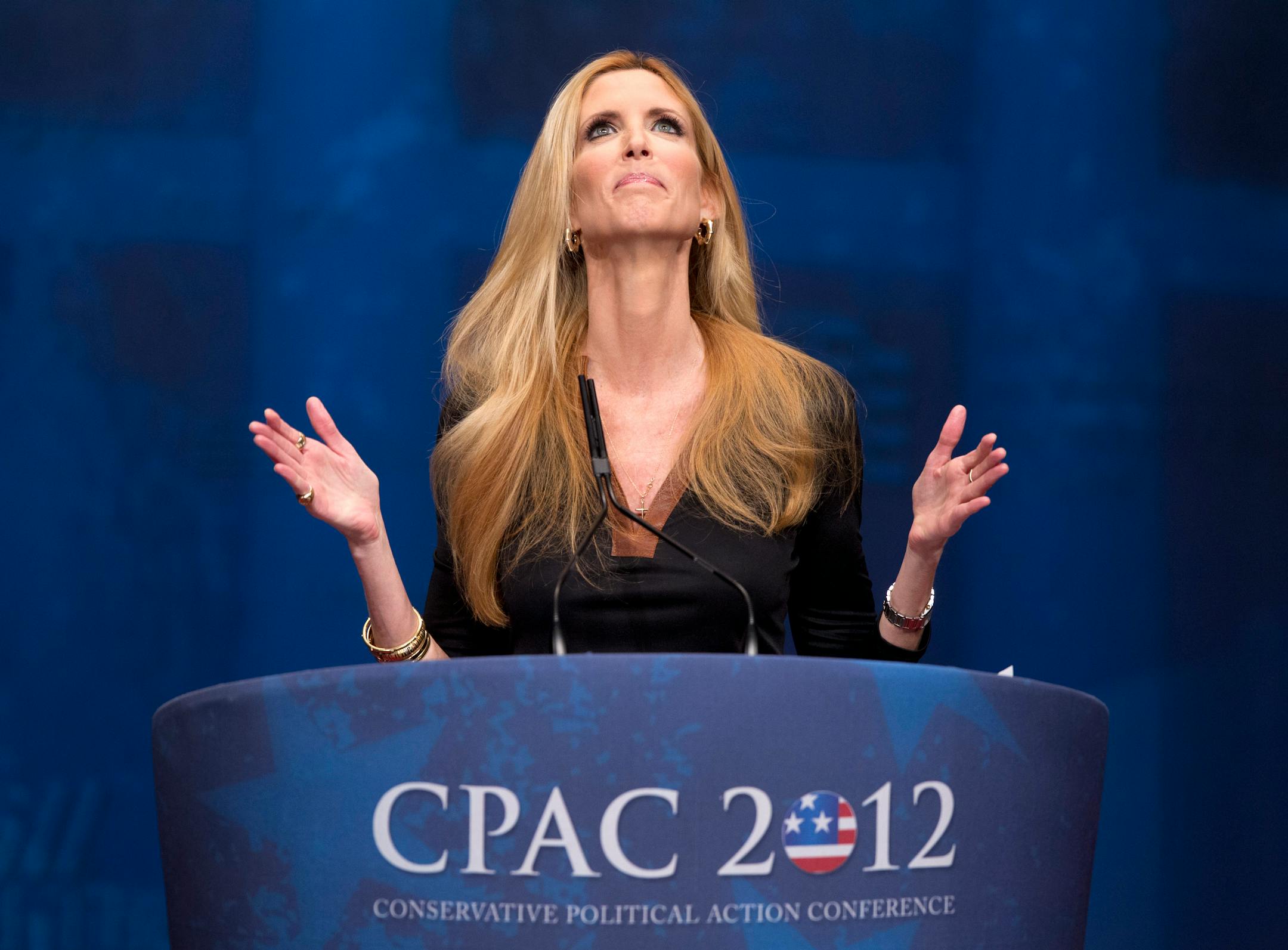 Ann Coulter gestures while speaking at the Conservative Political Action Conference (CPAC) in Washington in 2012.