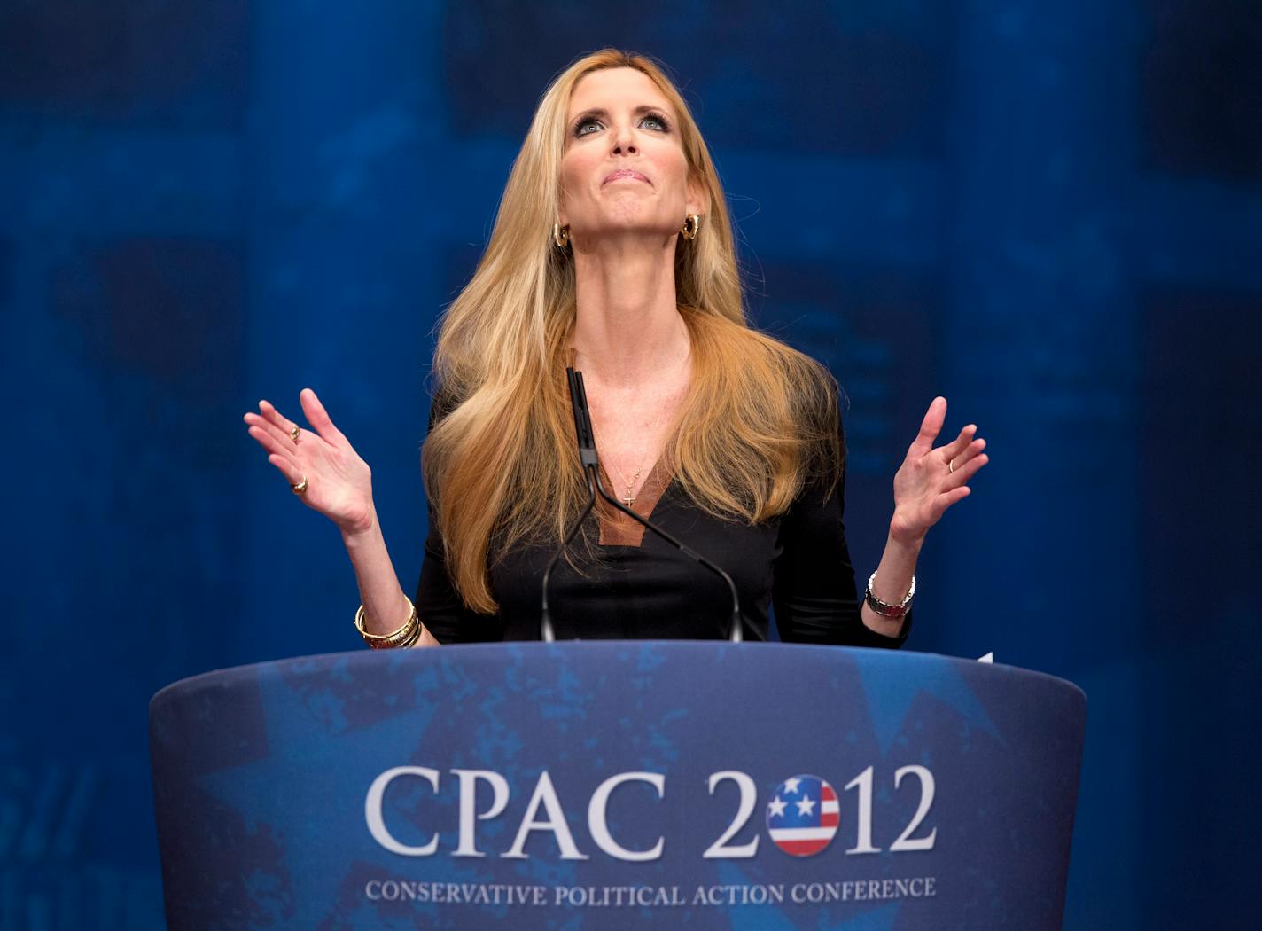 Ann Coulter gestures while speaking at the Conservative Political Action Conference (CPAC) in Washington in 2012.