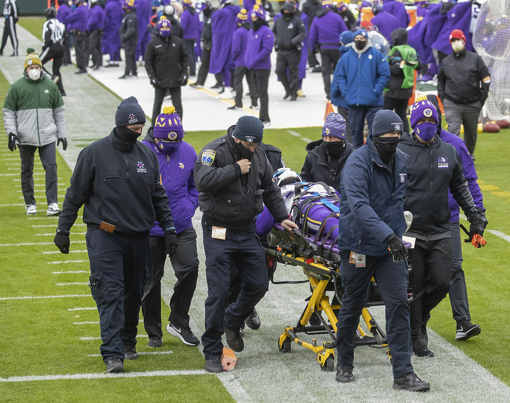 Minnesota Vikings cornerback Cameron Dantzler was taken off the field by medical staff after an injury that took him from the game in the first quarter. ] ELIZABETH FLORES • liz.flores@startribune.com The Minnesota Vikings played the Green Bay Packers at Lambeau Field in Green Bay, Wis., Sunday, November 1, 2020.