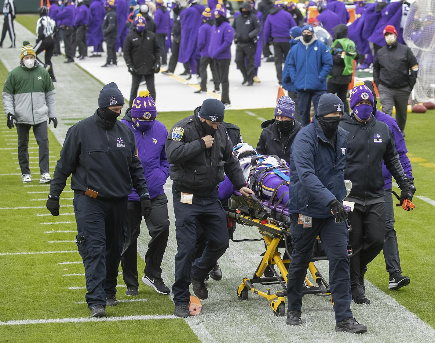 Minnesota Vikings cornerback Cameron Dantzler was taken off the field by medical staff after an injury that took him from the game in the first quarter. ] ELIZABETH FLORES • liz.flores@startribune.com The Minnesota Vikings played the Green Bay Packers at Lambeau Field in Green Bay, Wis., Sunday, November 1, 2020.