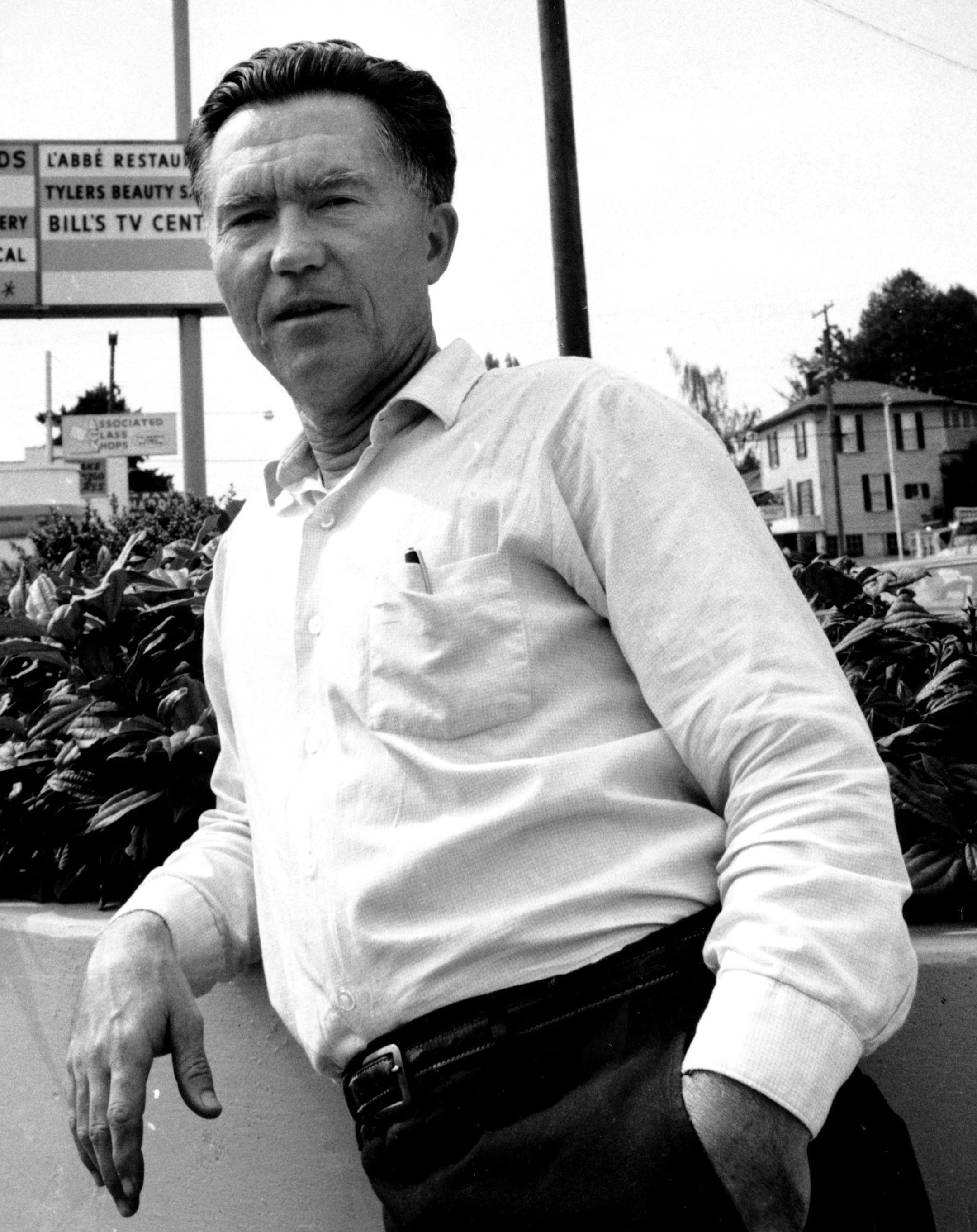 Dr. William E. Stafford, a college professor, poses on a street in Oswego, Ore. on Aug. 26, 1966. Stafford, who won the National Book Award for poetry in 1963, writes pacifist poems, signs pleas to the President, and takes part in peace walks in protest of the Vietnam War. (AP Photo)