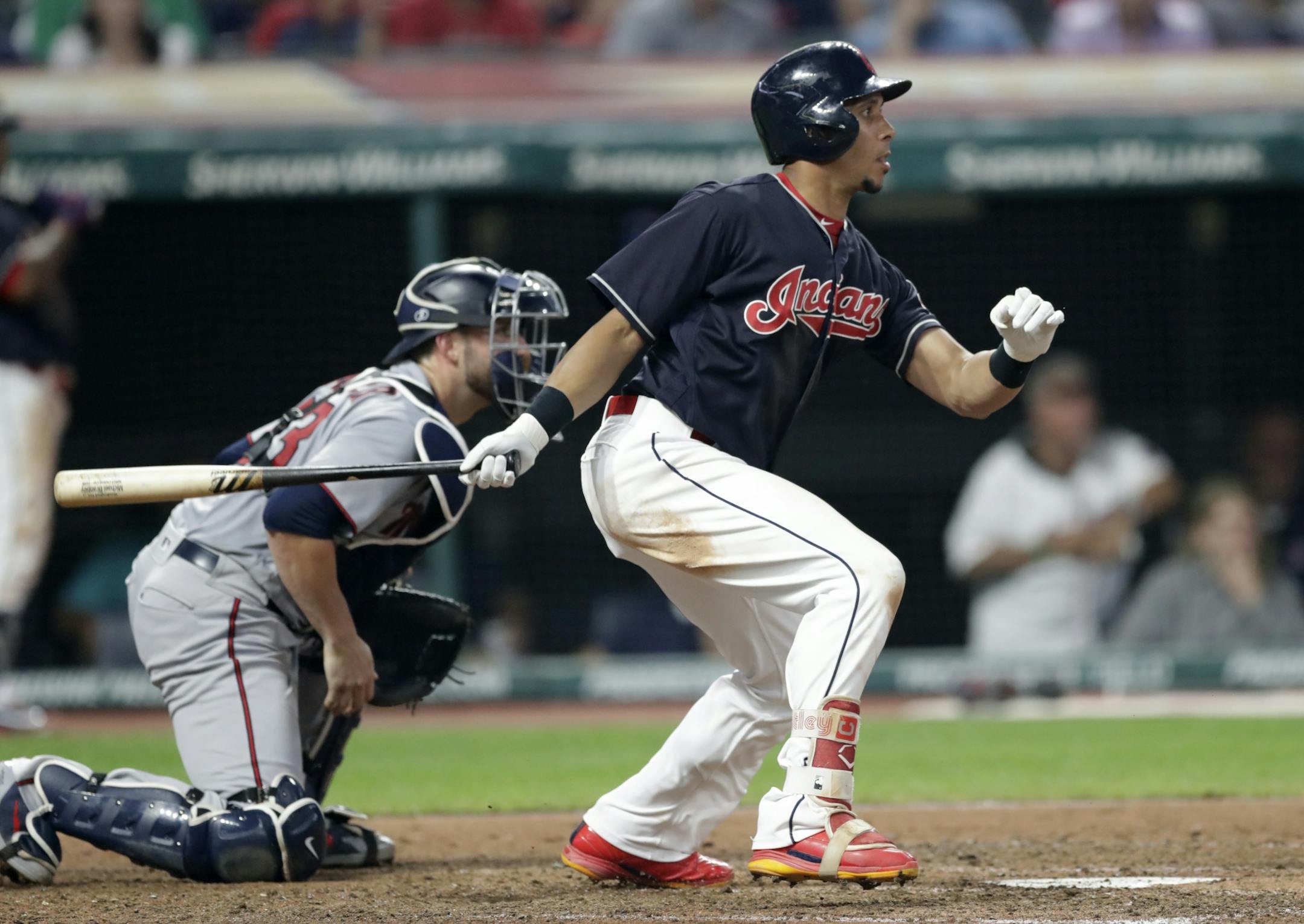 Cleveland Indians' Michael Brantley grounds out against Minnesota Twins starting pitcher Jake Odorizzi during the sixth inning of a baseball game, Wednesday, Aug. 8, 2018, in Cleveland. A run scored.