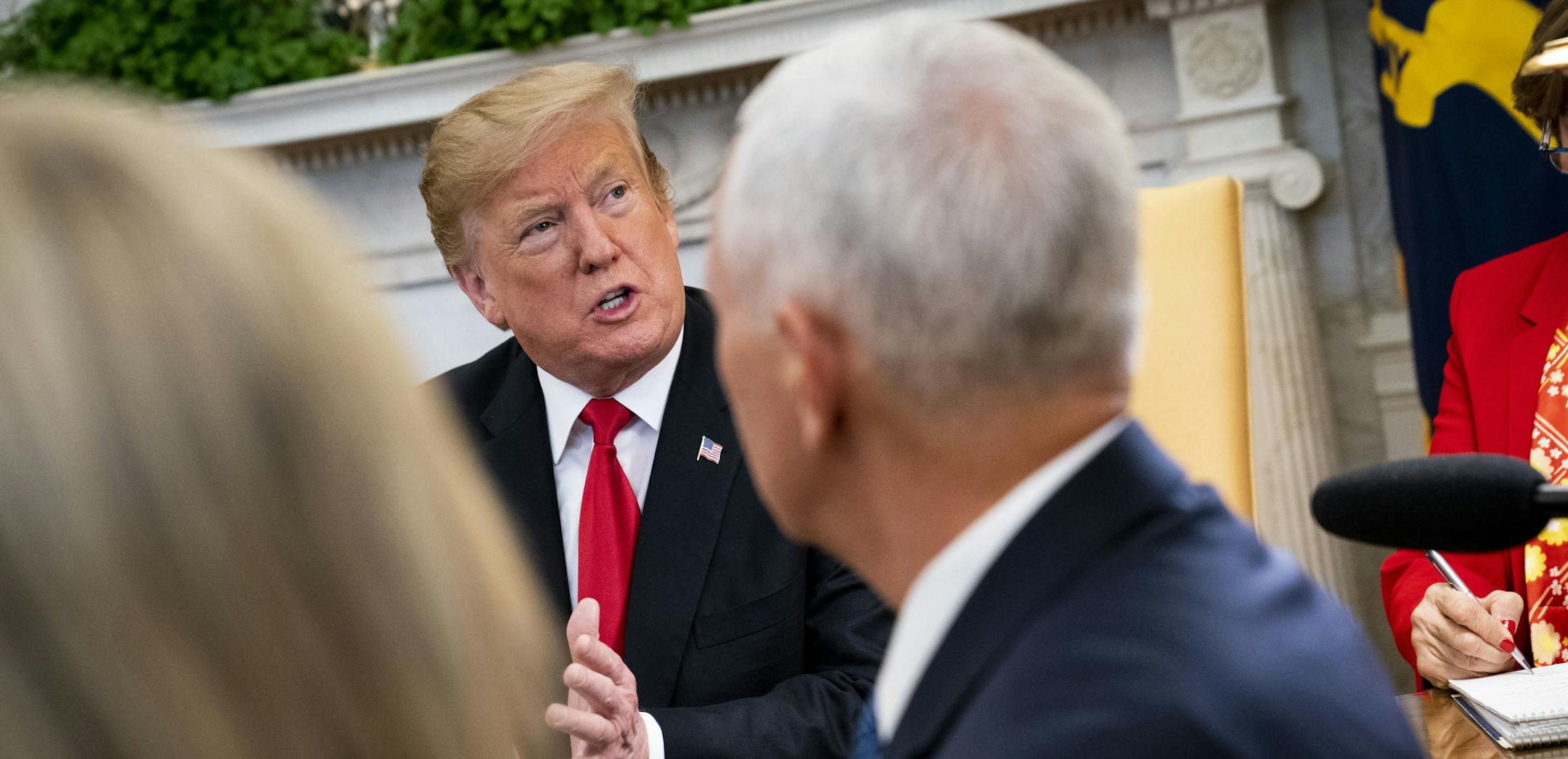 President Donald Trump makes remarks about Russia and health care policy as he meets with Fabiana Rosales, the wife of Venezuelan opposition leader Juan Guaido, in the Oval Office of the White House in Washington, March 27, 2019. A decision to push for a court-ordered demolition of the Affordable Care Act came after Trump sided with his chief of staff over his lawyers. (Doug Mills/The New York Times)