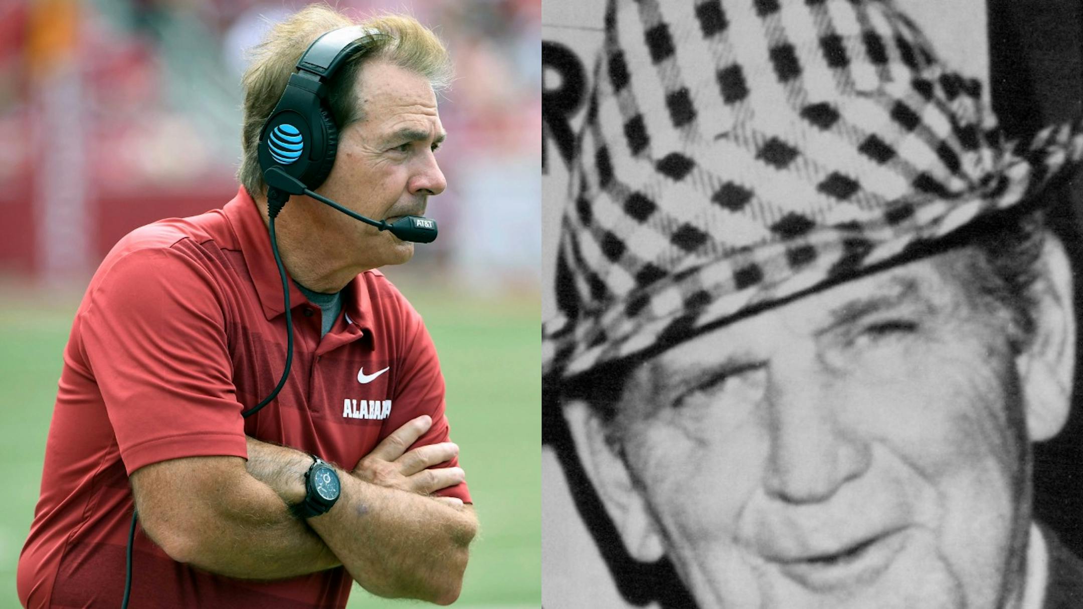 Alabama's adulation for football coach Nick Saban, left, is clear every time the school puts a deposit in his bank account. The state's adulation for Bear Bryant is on a whole different level.