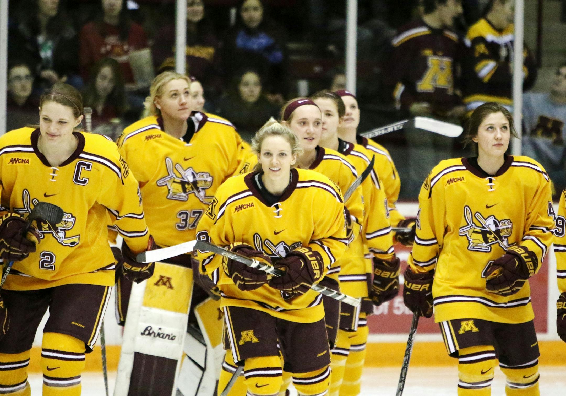 Amanda Kessel (8)was happy to be back out on the ice with her University of Minnesota teammates during action against North Dakota Friday, Feb. 5, 2016, at Ridder Arena on the campus of the University of Minnesota in Minneapolis, MN.