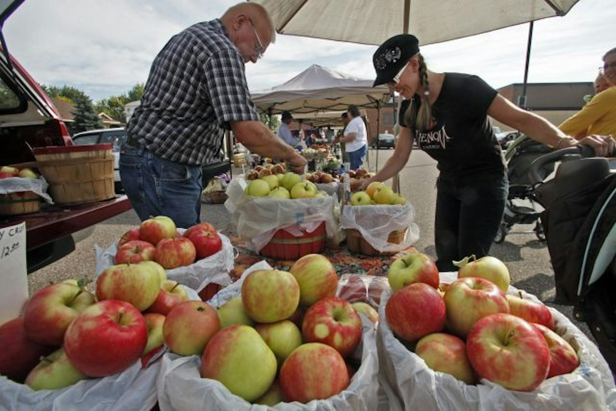 Ted Erickson, left of Isanti helped Jaimie Gregory of Ramsey find the right bag of apples.