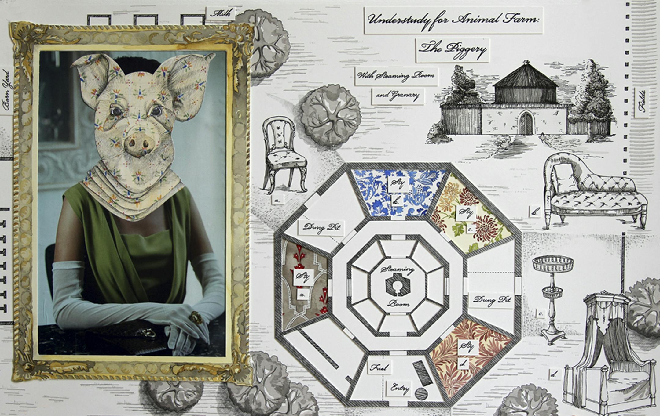 Ligia Bouton of Santa Fe uses collage, watercolor and whimsical printed-fabric pig heads visitors can try on in her “Understudy for Animal Farm” series.