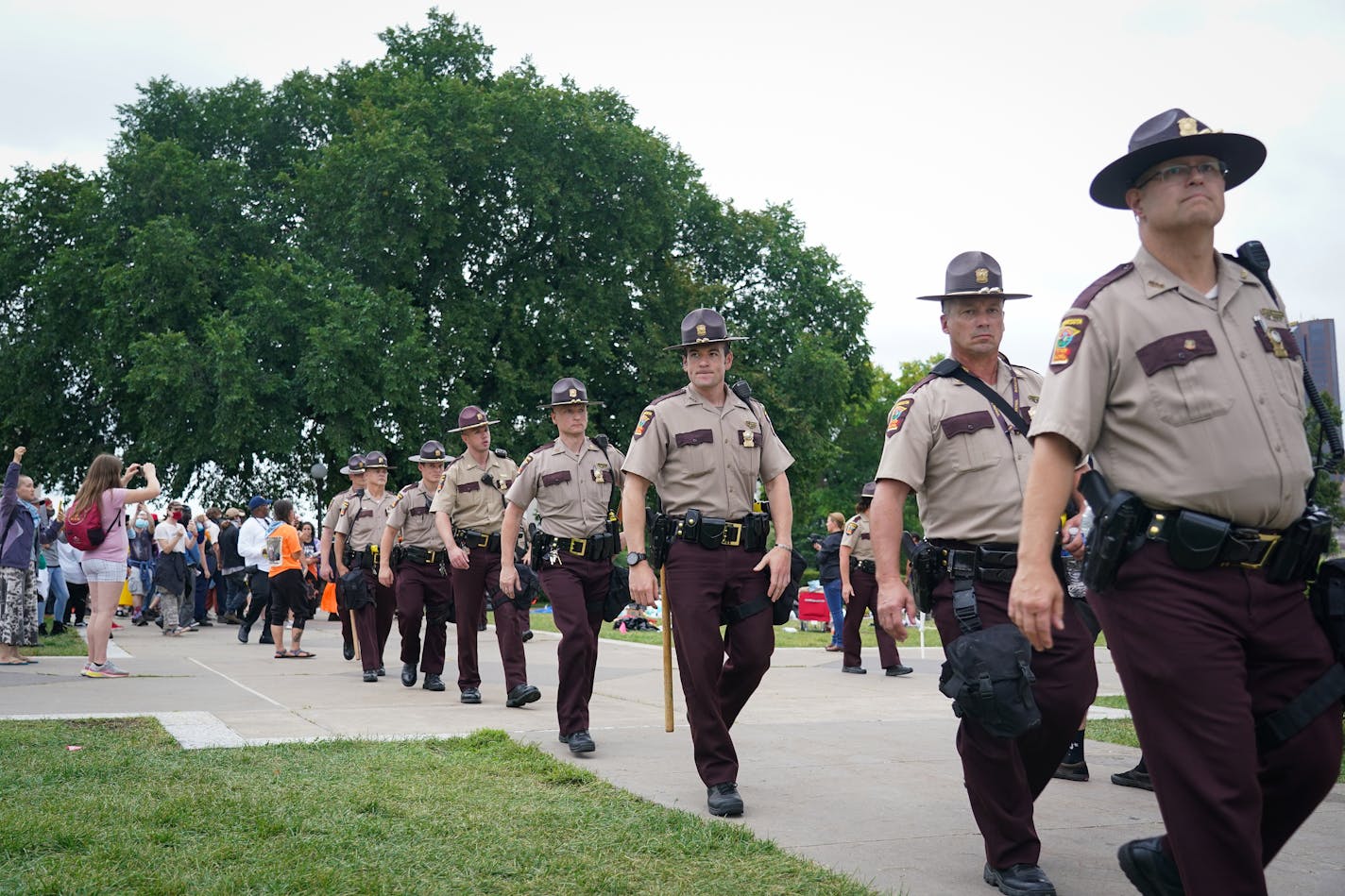 Minnesota State Patrol officers left the grounds following a standoff with protesters against Line 3 and other pipeline projects ended after arrests at the State Capitol in St. Paul, Minn., on Friday, August 27, 2021.