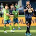 Los Angeles Galaxy's Zlatan Ibrahimovic claps after tying the score against the Seattle Sounders during an MLS soccer game on Sept. 1 at CenturyLink F