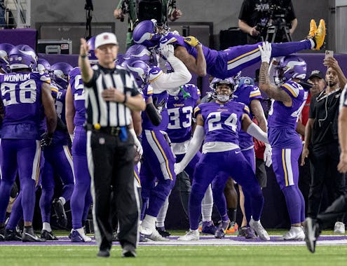Vikings players celebrated a fumble recovery Monday with the limbo.