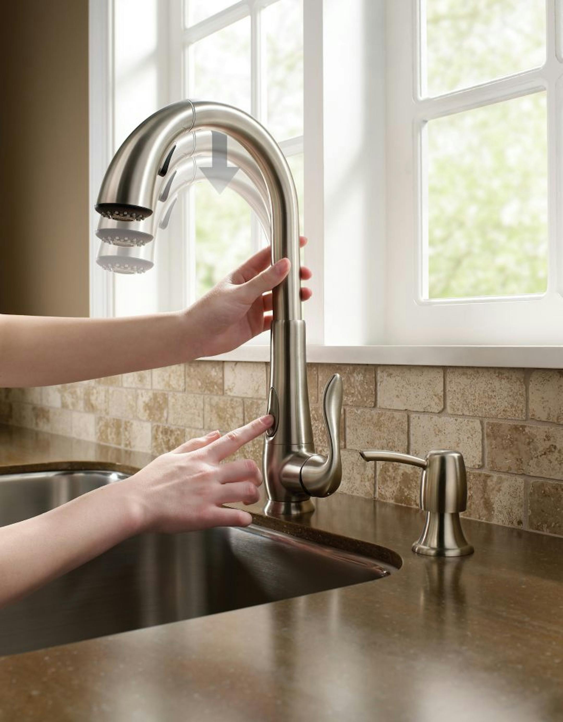 Pfister's Elevate EXT kitchen faucet lets you adjust its height to accommodate taller pots or minimize splashing. The faucet has three height settings ranging from 8 to 11 inches.