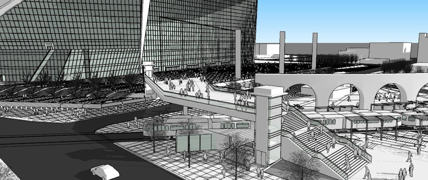 This rendering goes with BRIDGE042515 pedestrian bridge new vikings stadium.