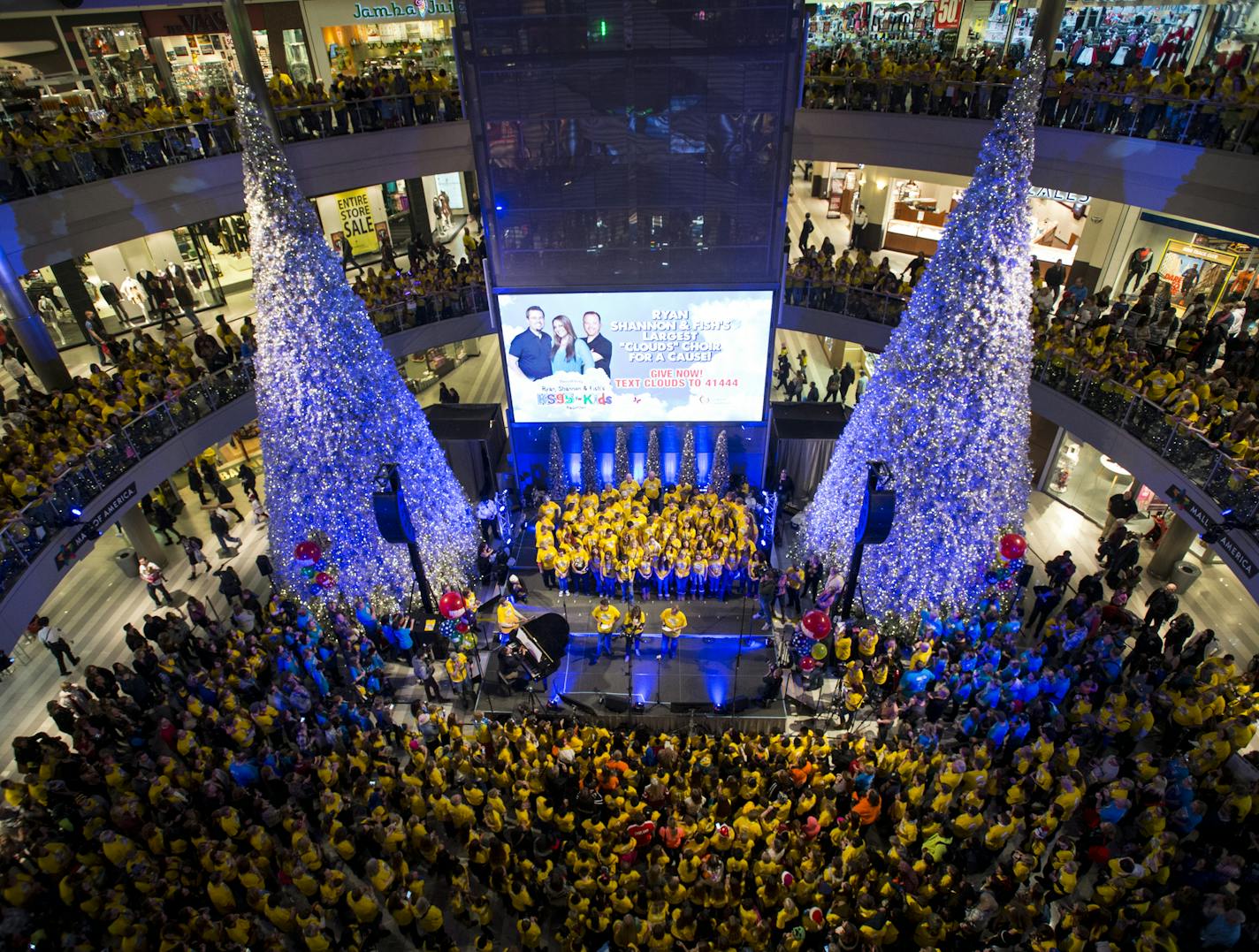 Thousands gathered in the Mall of America rotunda to honor the late Zach Sobiech by singing and recording "Clouds." ] (AARON LAVINSKY/STAR TRIBUNE) aaron.lavinsky@startribune.com Thousands gathered in the Mall of America Rotunda Friday night to honor the late Zach Sobiech and children sick with cancer and other serious illnesses. They sang and recorded Zach's song "Clouds," as well as Christmas carols on Friday, Dec. 11, 2015.