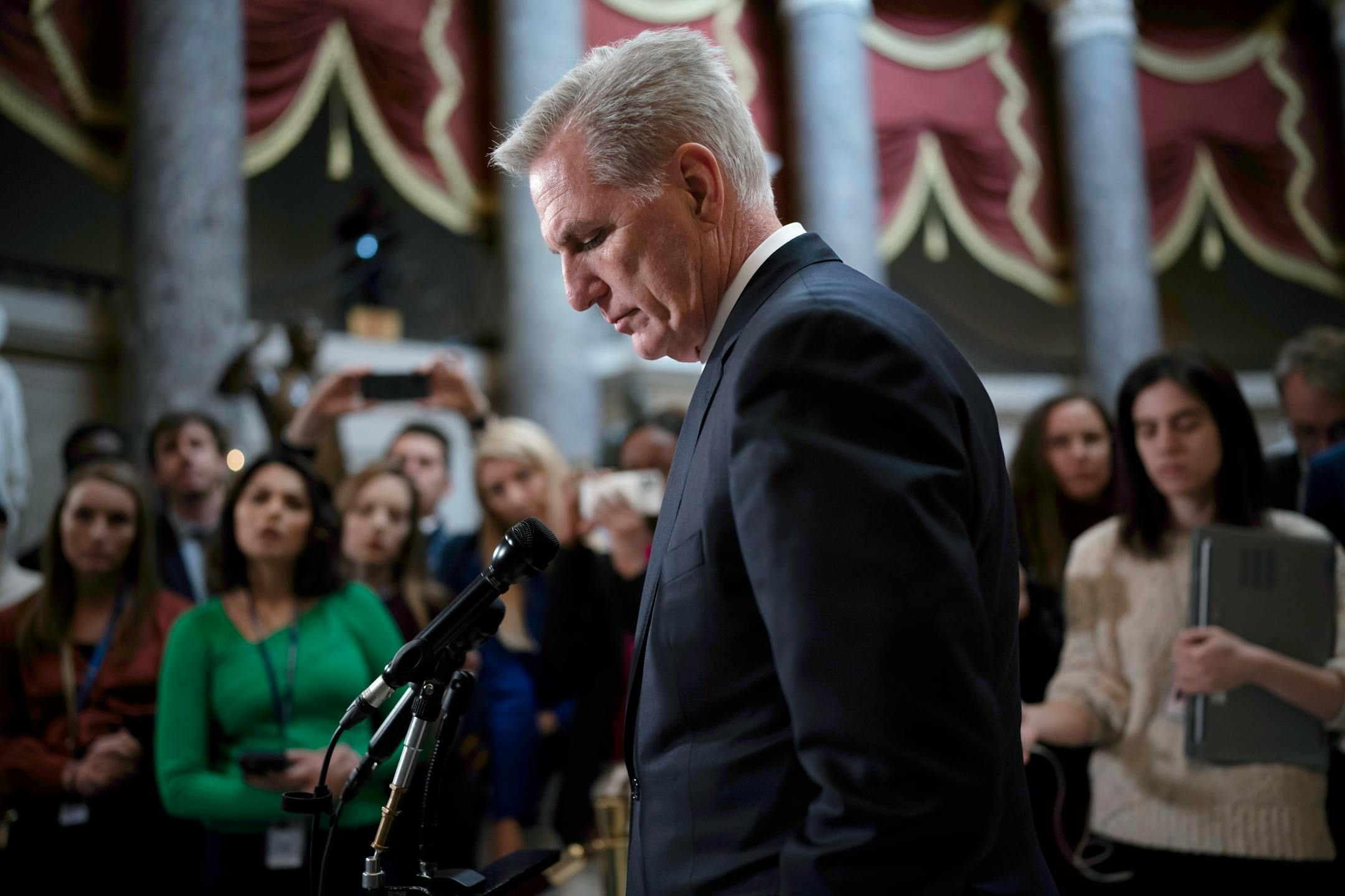 Speaker of the House Kevin McCarthy, R-Calif., speaks to reporters just after the new House Republican majority ousted Democratic Rep. lhan Omar, a Somali-born Muslim from Minnesota, from the House Foreign Affairs Committee, at the Capitol in Washington, Thursday, Feb. 2, 2023. (AP Photo/J. Scott Applewhite)