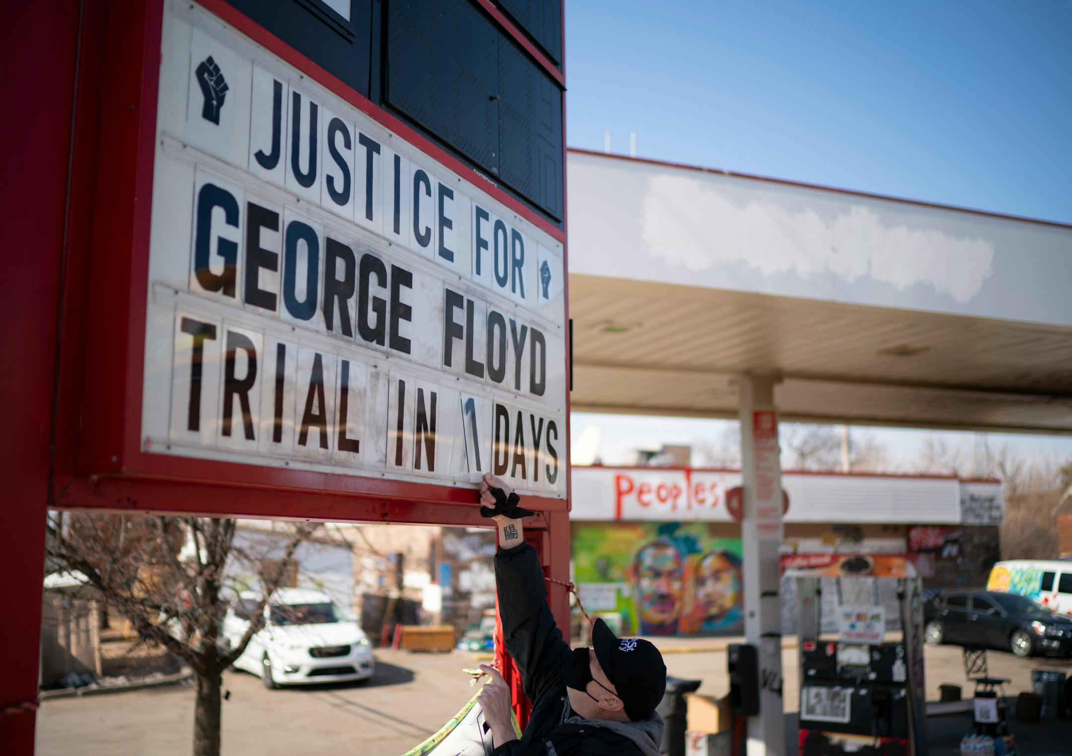 Billy Briggs, who lives just 170 steps from where George Floyd was killed, created and maintains the countdown sign at the gas station on the corner of George Floyd Square. On Sunday, the eve of the trial date, he updated it to 1.