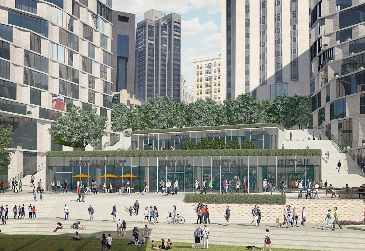 Developer AECOM's rendering of the public space that will be part of the Riverfront redevelopment in downtown St. Paul.