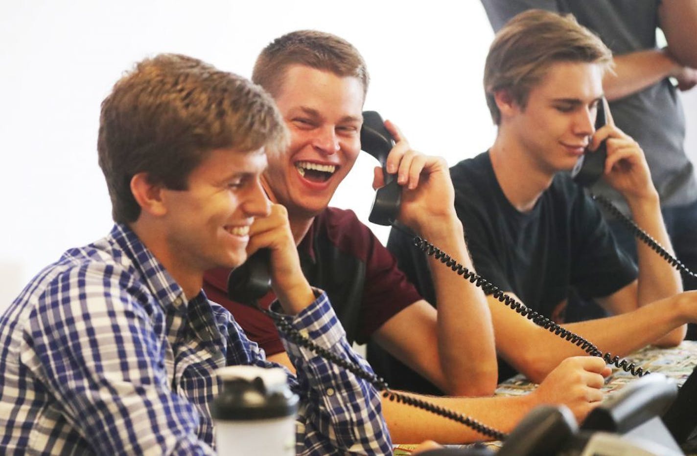 A CFL for Rep. Erik Paulsen is up and running more than a year out from the 2018 election and was seen Tuesday, July 25, 2017, in Bloomington, MN. Here, millennials Mitch Forss, 21, of Excelsior, left to right, Carsten McGowan, 21, of Bloomington and Eli Curran-Moore, 17, of St. Louis Park conduct phone surveys.