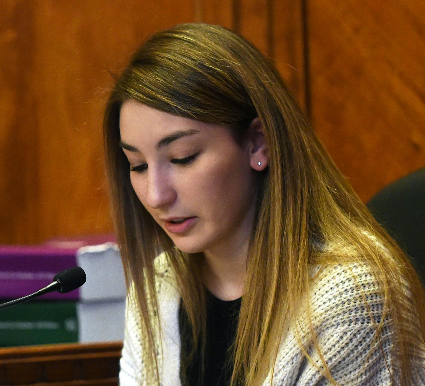 Samantha Redden reads a victim impact statement at the sentencing hearing for Rachel Kayl in Ramsey County District Court before Judge Thomas A. Gilligan in St. Paul on Wednesday, Dec. 19, 2018. Kayl crashed into a car carrying three Mounds View High School students, killing Bridget Giere and Stephanie Carlson, both 16, while driving at approximately 80 miles per hour in Arden Hills, on Dec. 1, 2016. Redden, the driver of the car that was hit, survived but was seriously injured. (Scott Takushi /