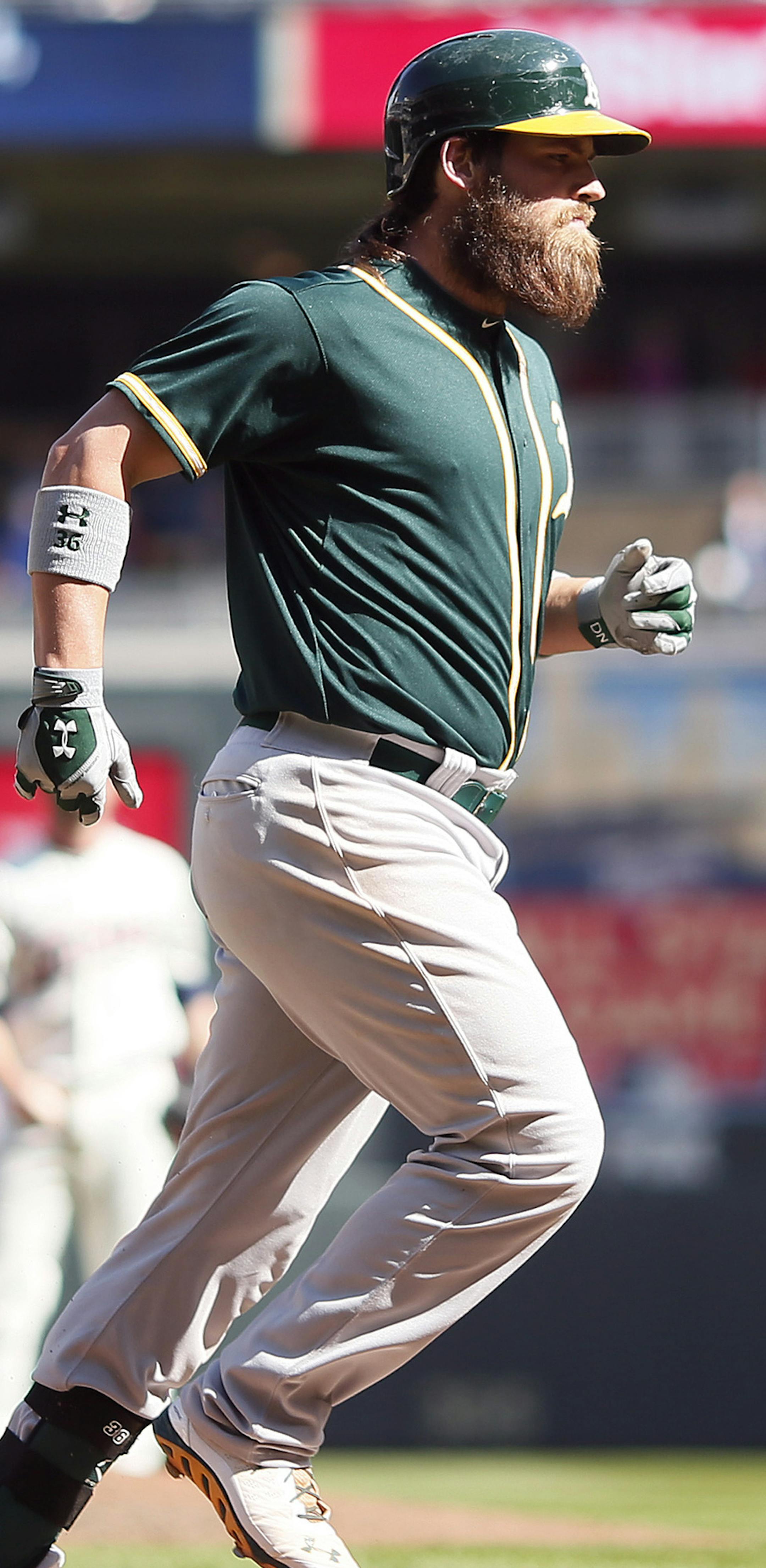 Oakland's Derek Norris rounds the bases after hitting a three run homer in the eleventh inning during MLB action between the Minnesota Twins and Oakland A's at Target Field April 9, 2014 in Minneapolis , MN. Oakland beat Minnesota 7-4 in 11 innings ]JERRY HOLT jerry.holt@startribune.com