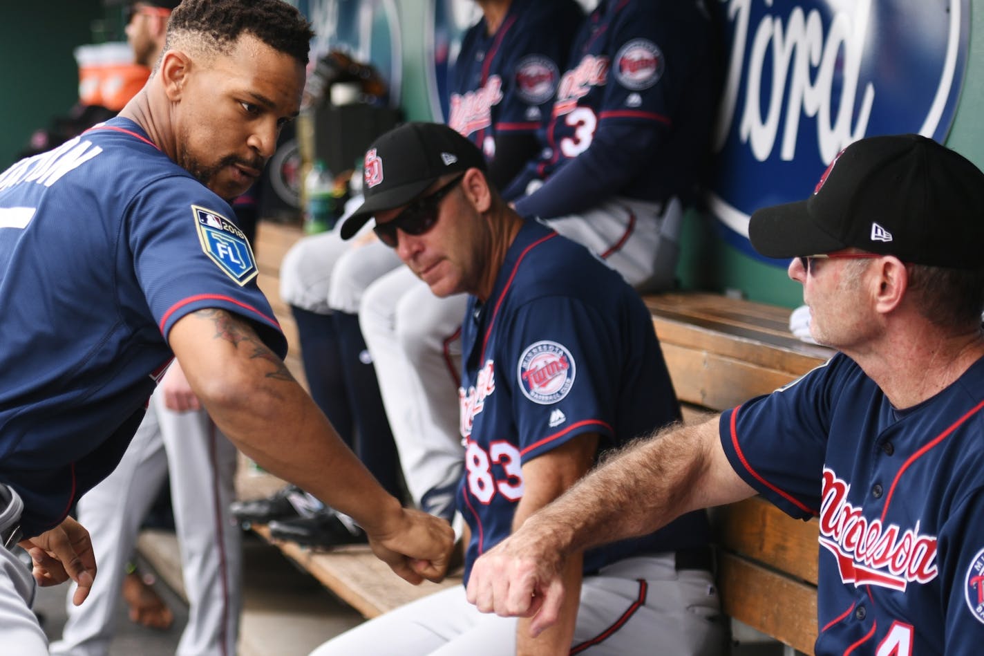 Twins outfielder Byron Buxton (25) fist bumped Twins manager Paul Molitor. During spring training, road teams are expected to field lineups with at least four regulars from the previous season.