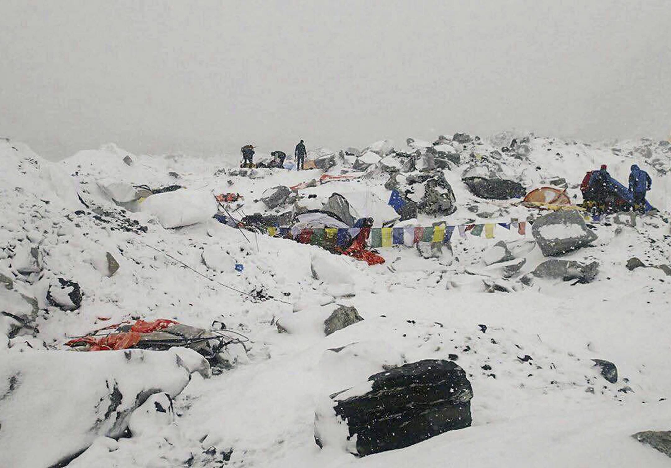 This photo provided by Azim Afif shows the scene after an avalanche triggered by a massive earthquake swept across Everest Base Camp, Nepal on Saturday, April 25, 2015. Afif and his team of four others from the Universiti Teknologi Malaysia (UTM) all survived the avalanche. (Azim Afif via AP)