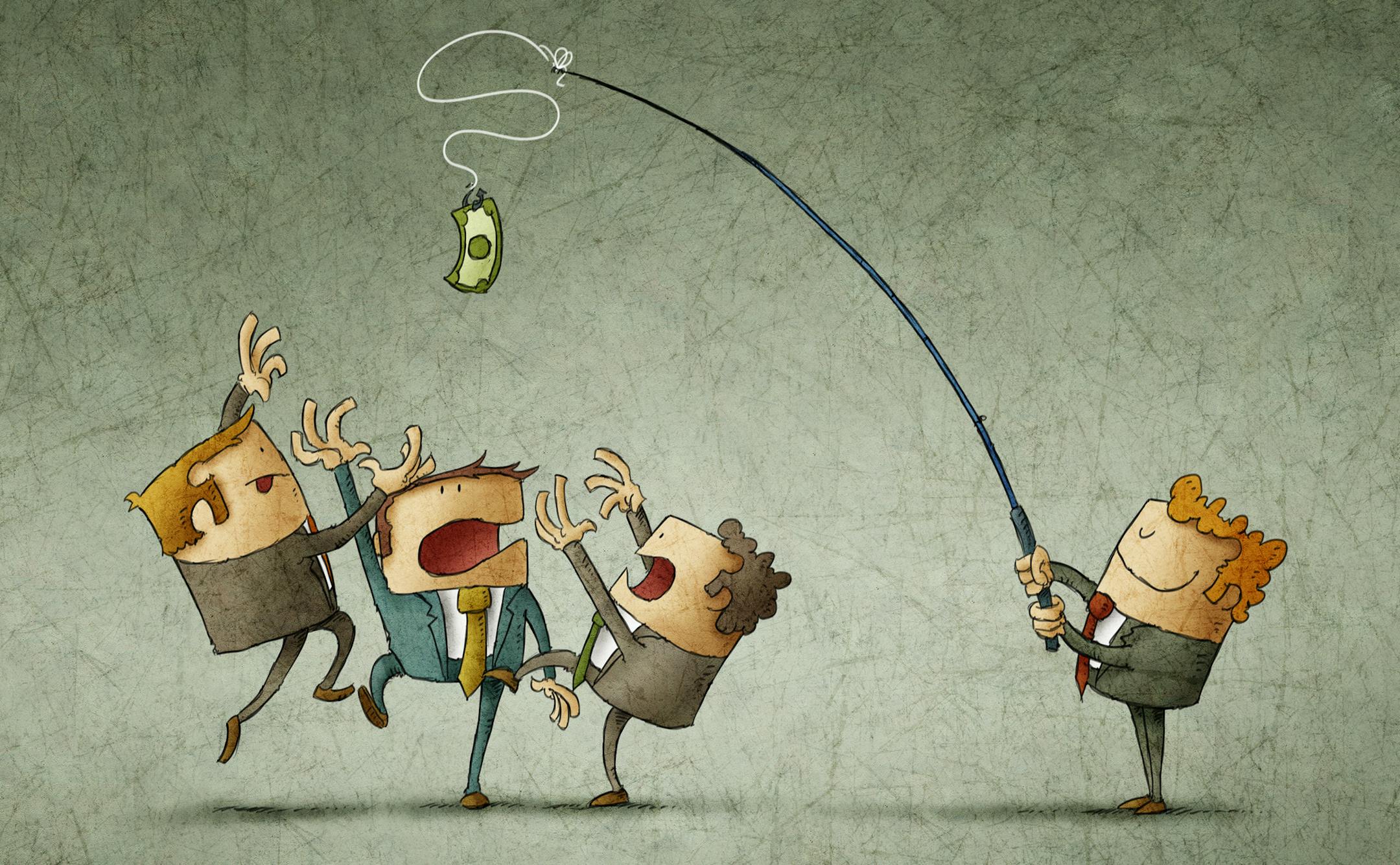Illustration of man holding rod with dollar and teasing colleagues