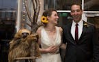 Kristina Geiger and Daniel Sperling at their wedding reception at Como Zoo with Stefon the sloth, who was a hit with guests.