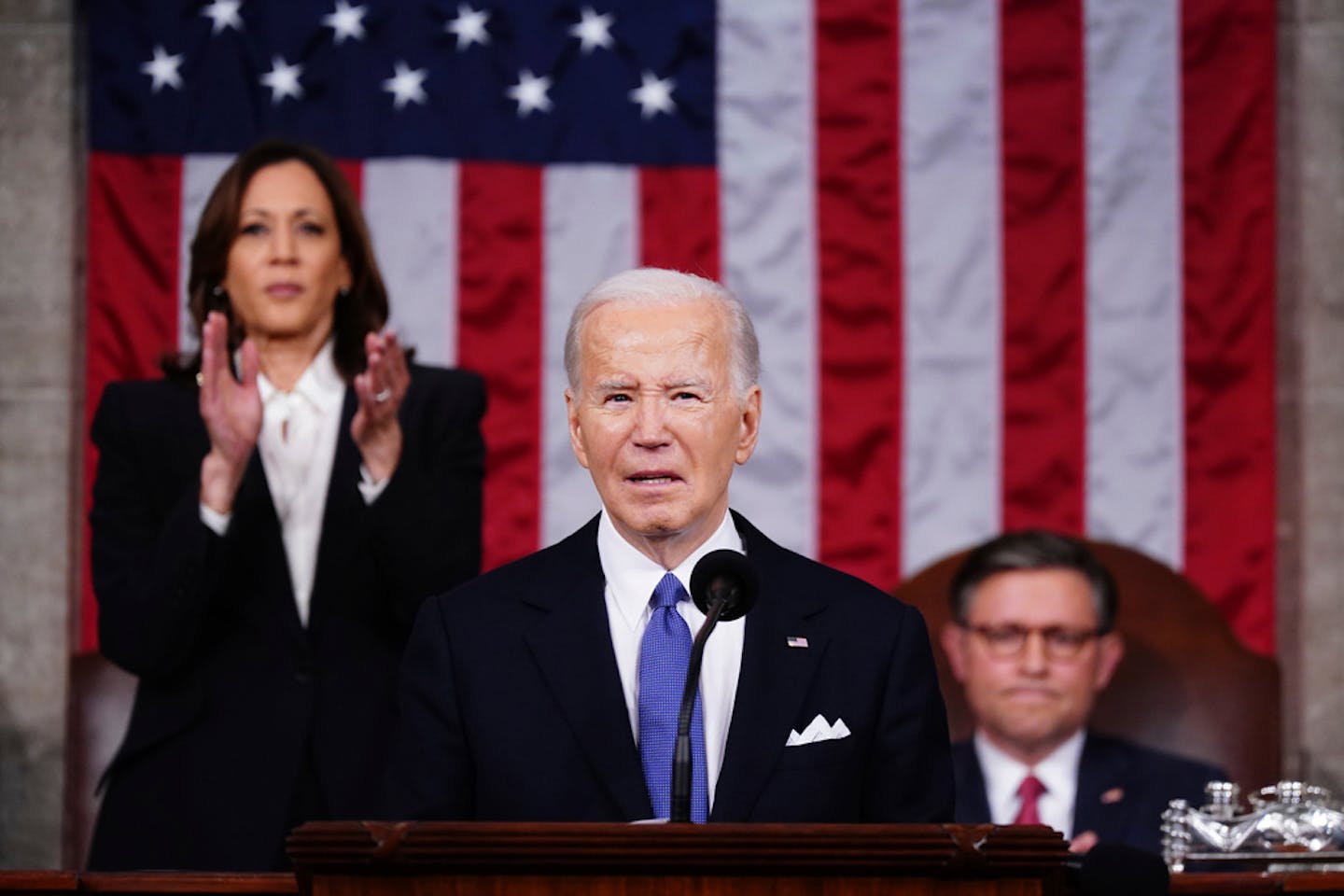President Joe Biden delivered the State of the Union address Thursday to a joint session of Congress. At left is Vice President Kamala Harris; at righ