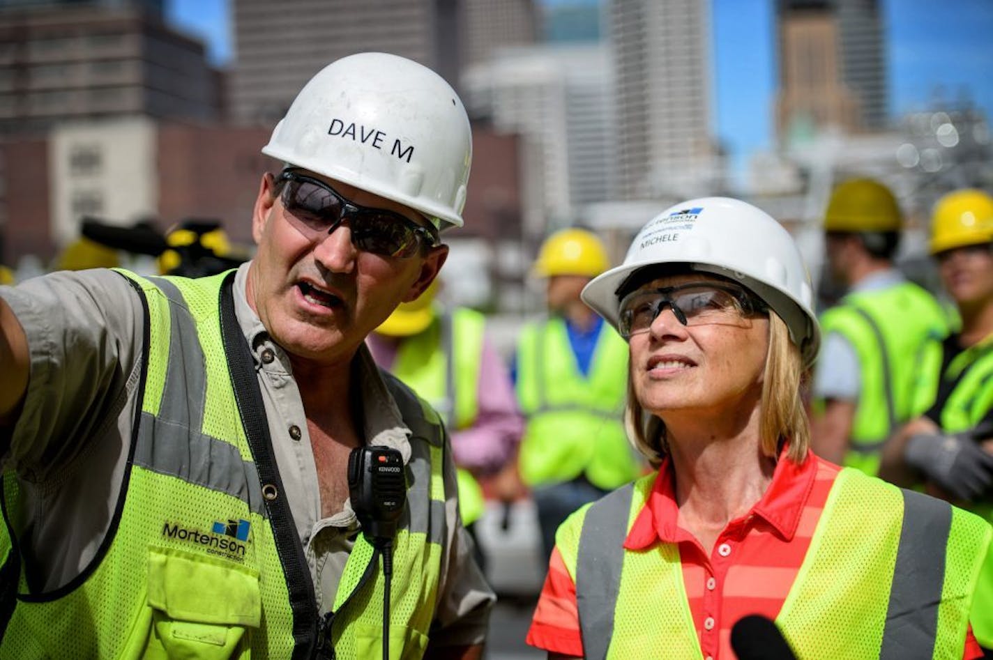 Dave Mansell, general manager of the stadium project for Mortensen and Michele Kelm-Helgen, chair of the Minnesota Sports Facilities Authority, toured the new stadium.