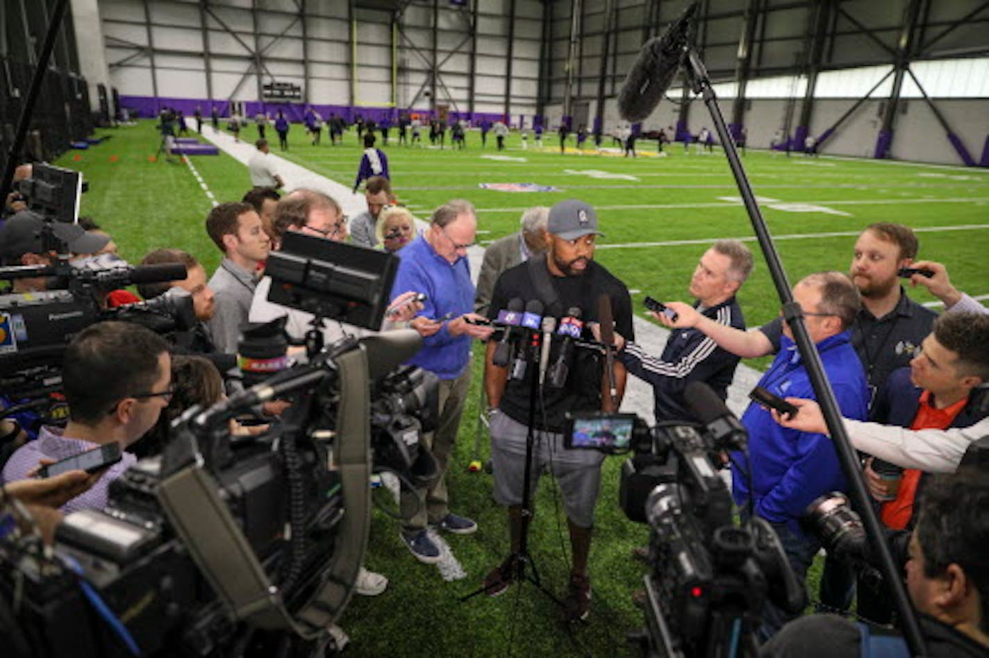 The Vikings offseason workouts were opened to the media for the first time this season. Defensive end Everson Griffen pointed to defenses of Mike Zimmer's past coaching jobs as examples of why a 'dominant' three-technique defensive tackle is needed. ]