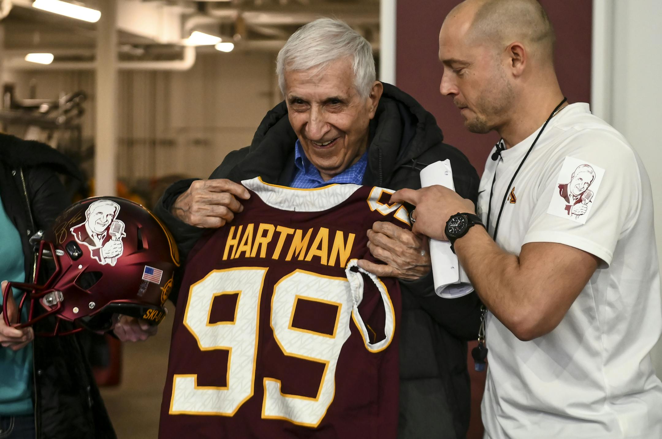 Minnesota Golden Gophers head coach P.J. Fleck gave Sid Hartman a custom jersey and helmet for his 99th birthday Friday. ] Aaron Lavinsky &#xa5; aaron.lavinsky@startribune.com The University of Minnesota Golden Gophers football team held an open practice on Friday, March 15, 2019 at the Athletes Village's Football Indoor Practice Facility in Minneapolis, Minn.