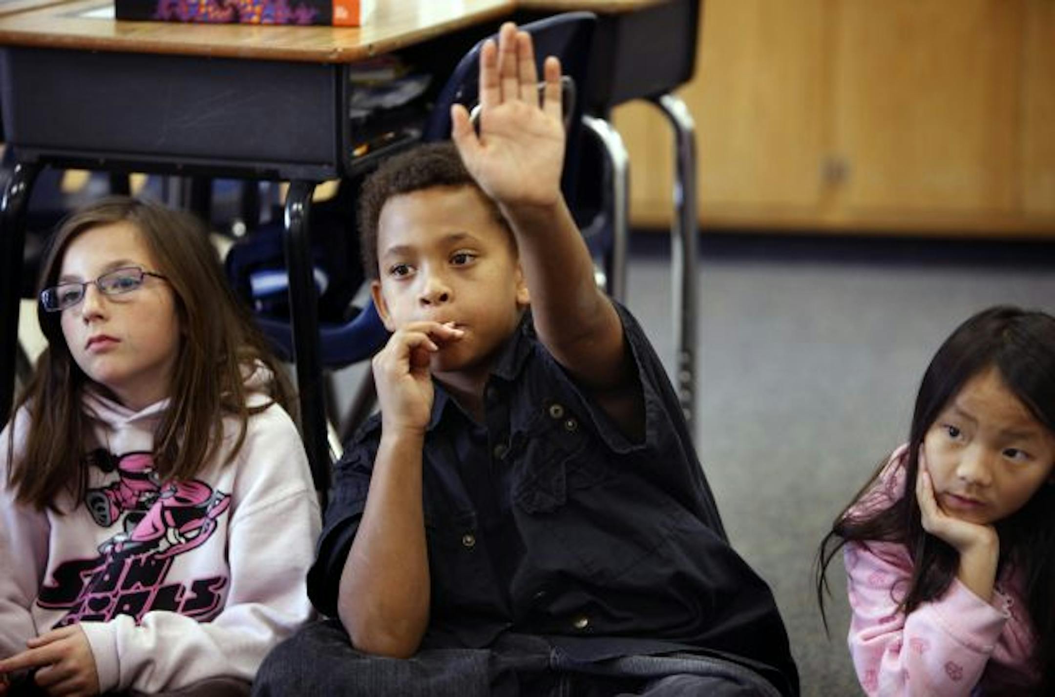 Bryn Mawr Elementary School's fifth grade class held a peace circle with teacher, Leslie Ferster leading the group. Fifth Grade student Vernon Gates wanted to make a point during the discussion on bullying.