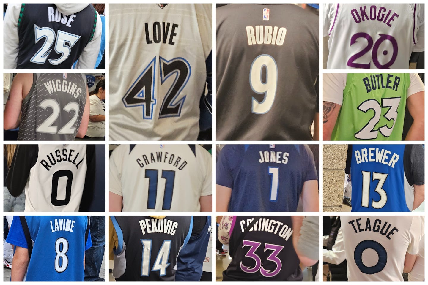 From left: Derrick Rose, Kevin Love, Ricky Rubio, Josh Okogie, Andrew Wiggins, Jimmy Butler, D'Angelo Russell, Jamal Crawford, Tyus Jones, Corey Brewer, Zach Lavine, Nikola Pekovic, Robert Covington and Jeff Teague. Someone wore a Rubio Minnesota Muskies jersey from 2011-12, but we didn't get a good image of it, much to our chagrin.